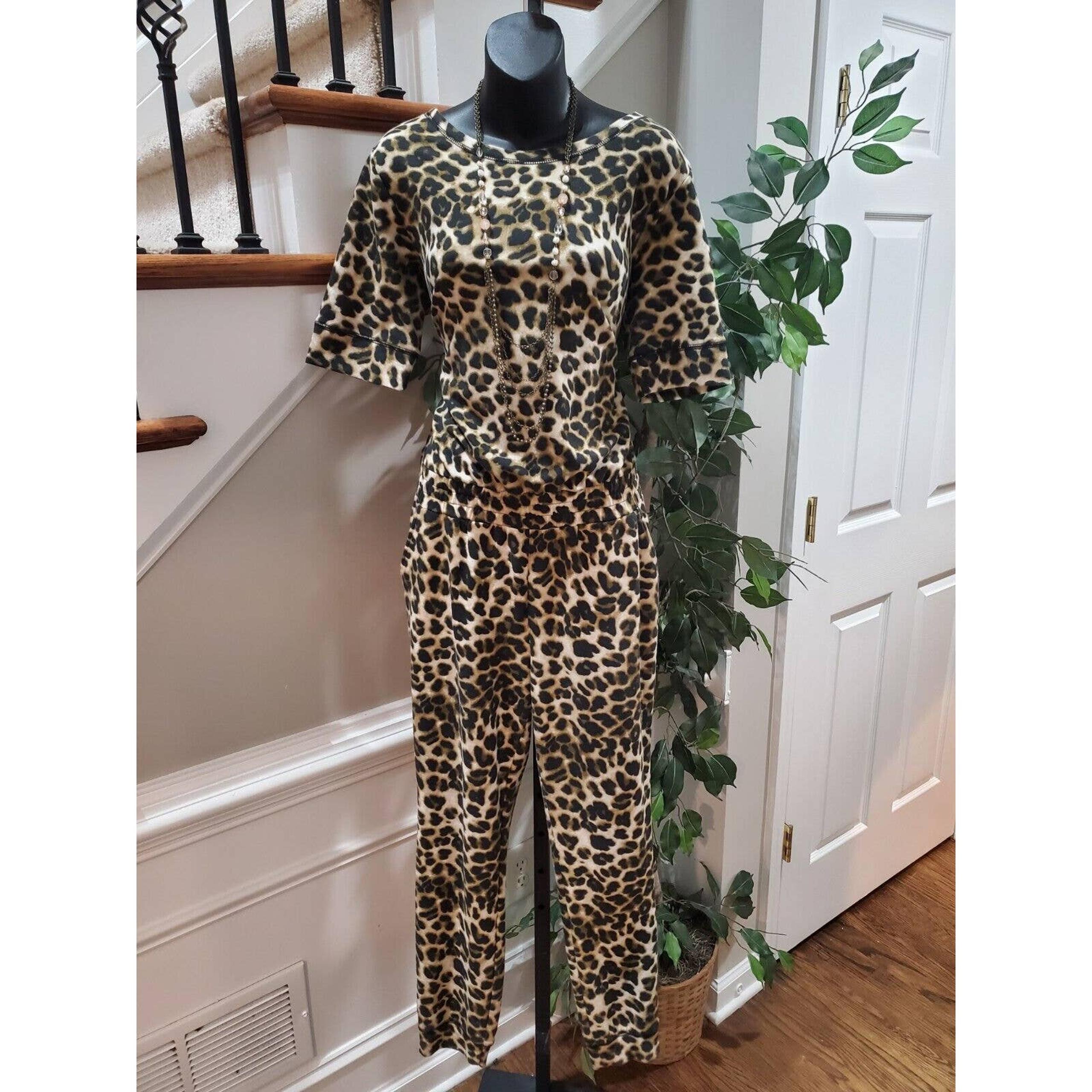 New York & Company Women Brown Animal Print Half Sleeve Back Zip Jumpsuit Medium
