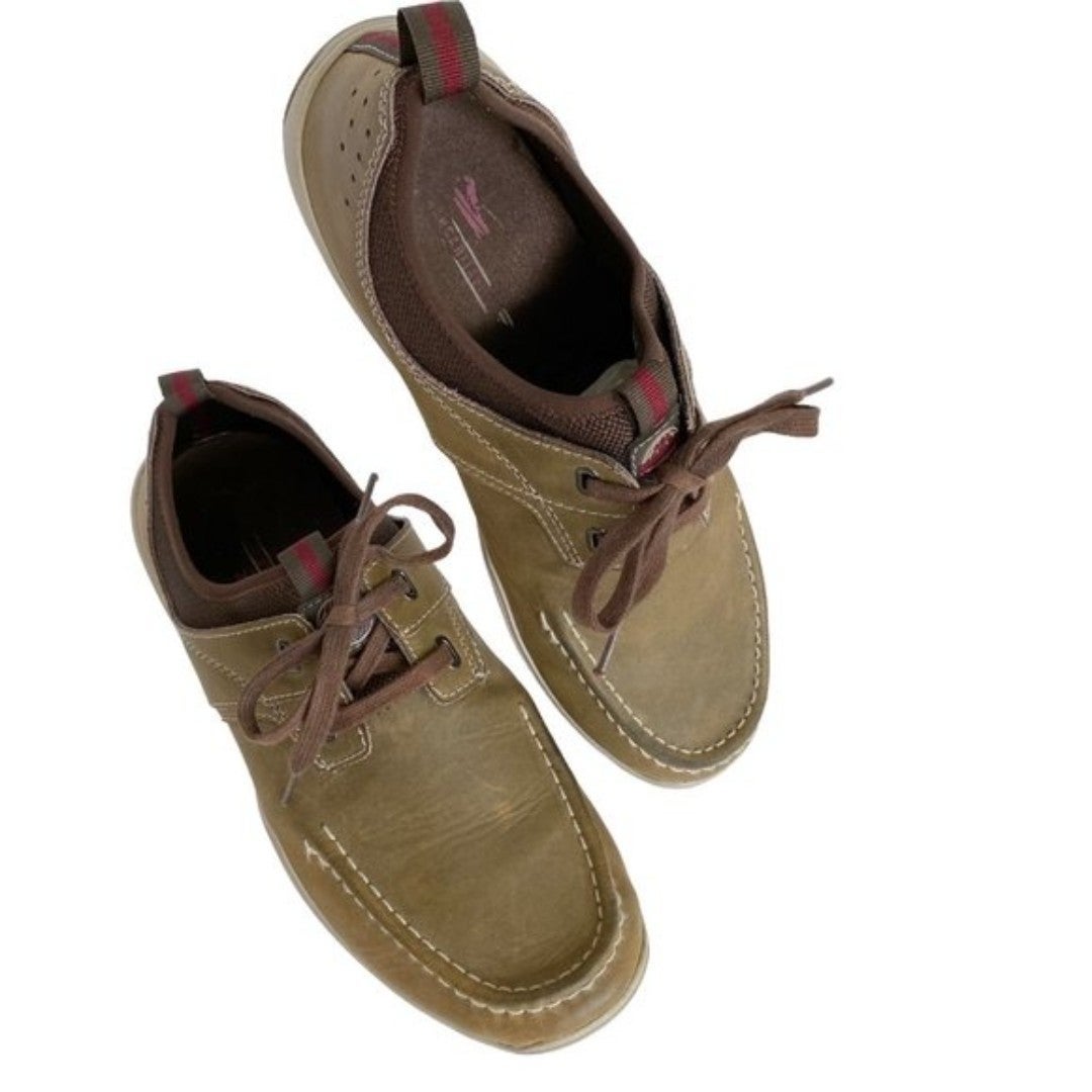 Margaritaville Men's Leather Lace Up Olive Beige Boat Shoe Size 8.5