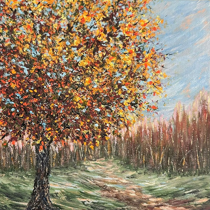 Fall Nature Theme Acrylic Painting Titled Autumn Leaves - 8 x 8 Original Art