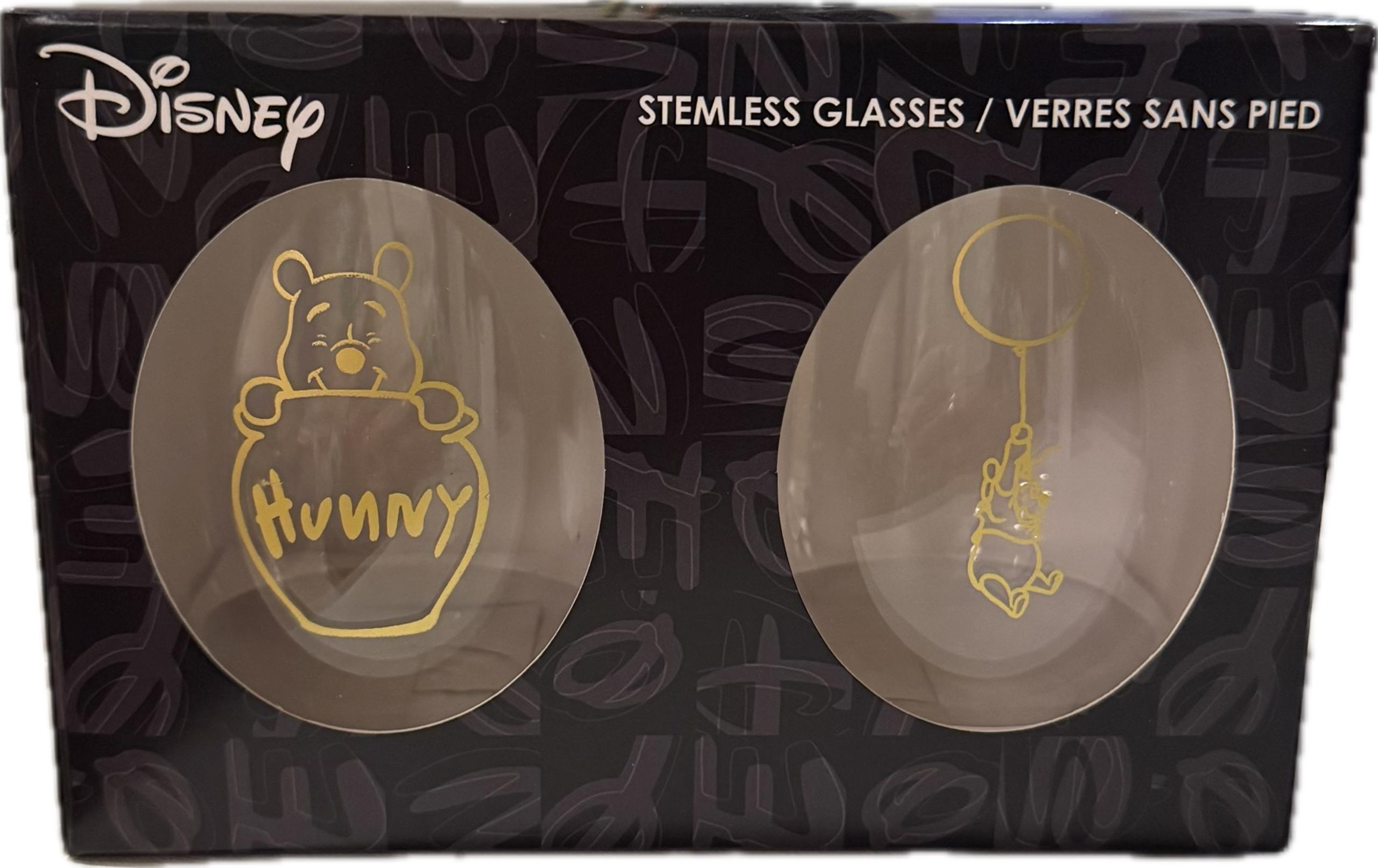 Disney Winnie the Pooh Stemless Wine Glasses - Gold Accents, New in box