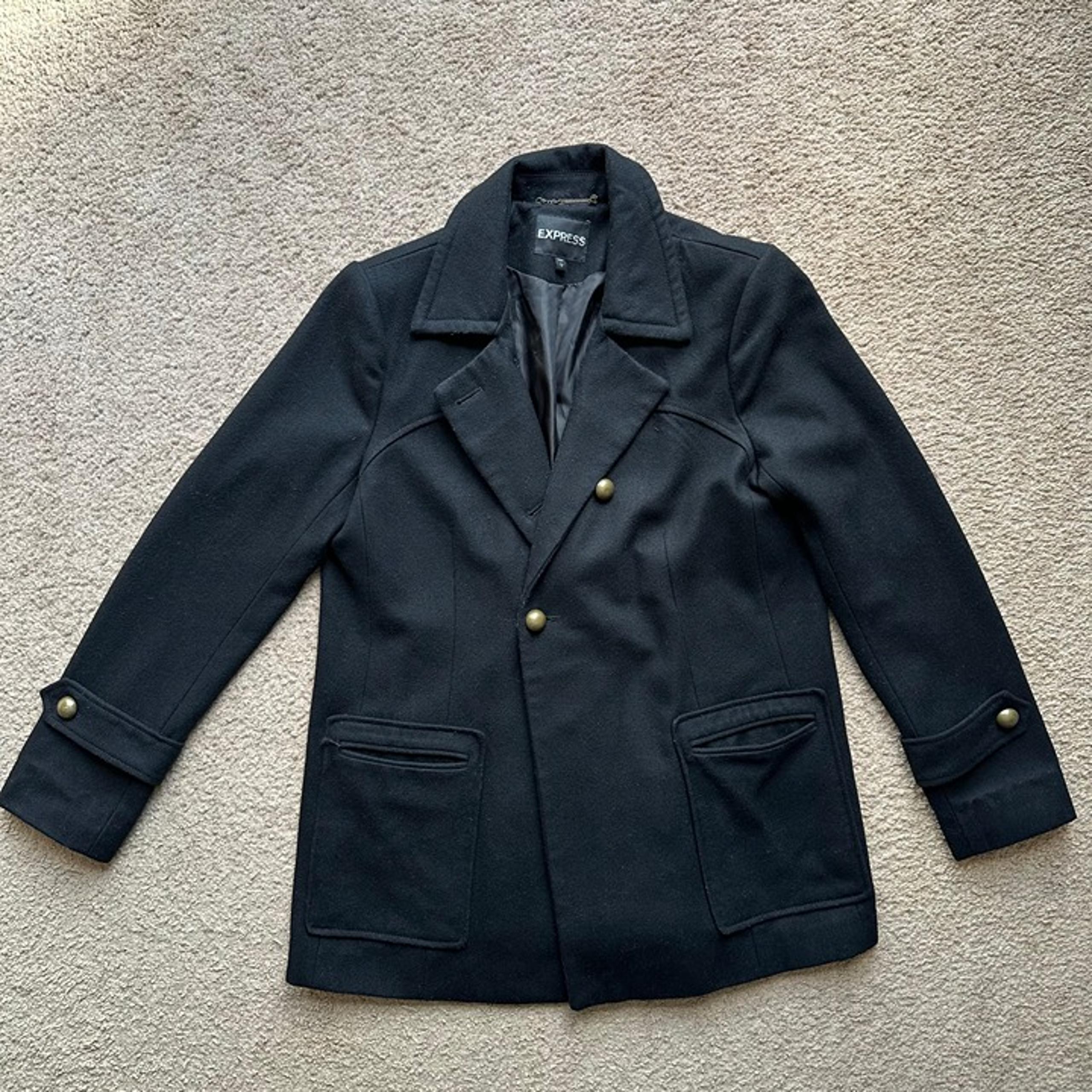 Express Pea Coat Womens Large Wool Blend Black Buttons Pockets