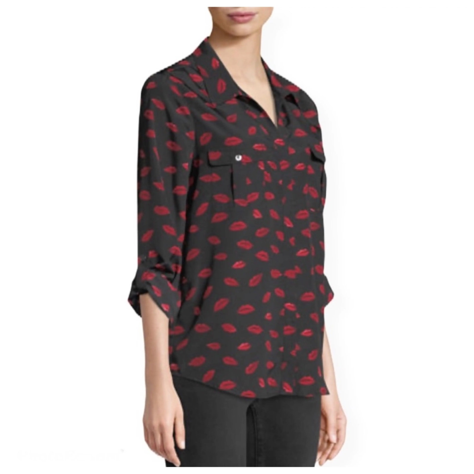 NWOT JOIE Top M Black Red Lips Print Sheer Flap Pocket Roll Tab Long Sleeve