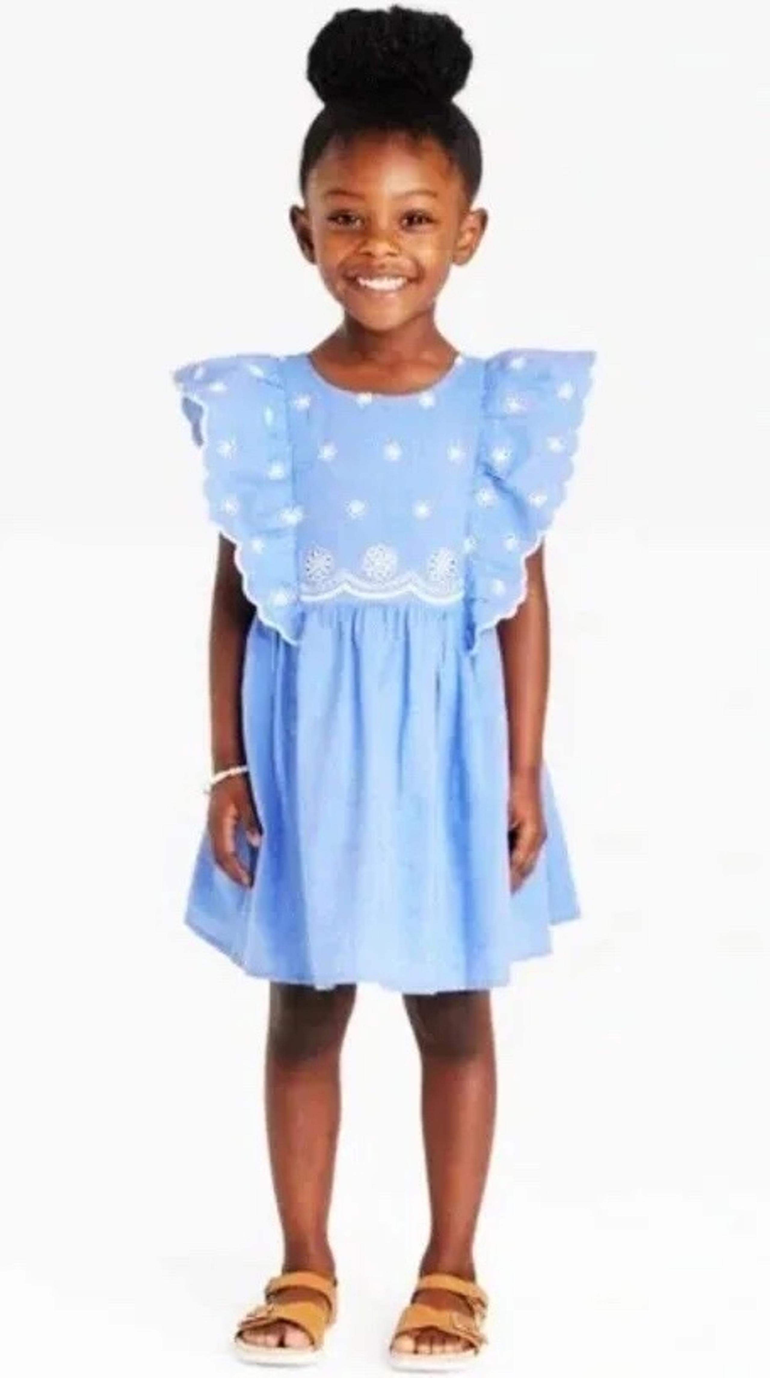 Cat & Jack Girls' Chambray Lace Dress Blue W/ White Floral Embroidery 3t nwot