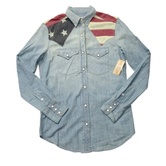NWT Denim & Supply Ralph Lauren American Flag Yoke Chambray Snap Front Shirt XS