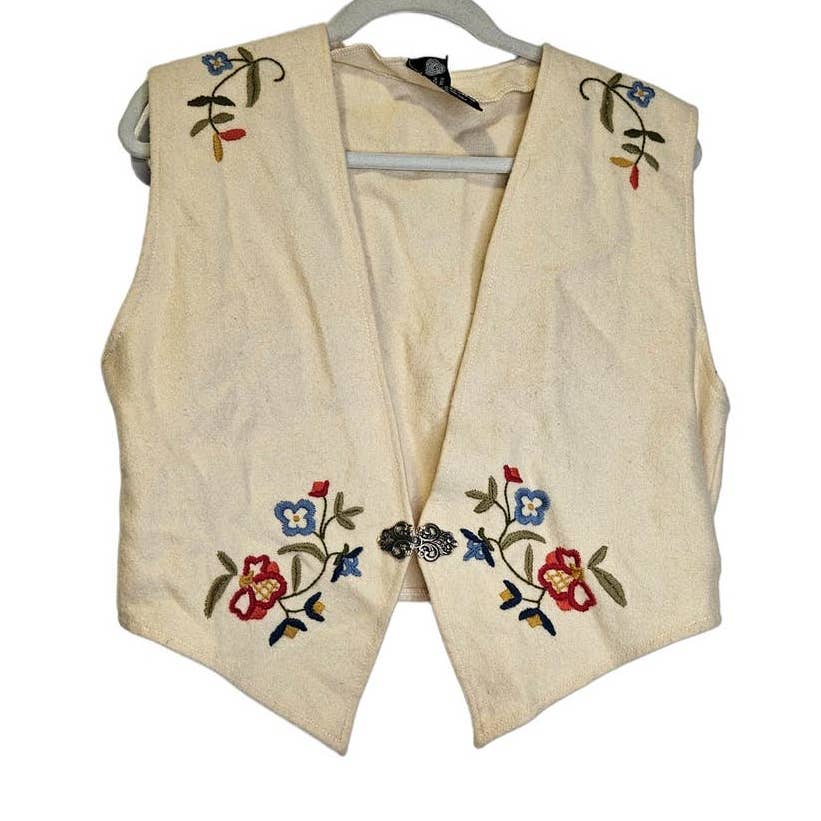 Vintage Lillunn Norway L Ivory Wool Vest Floral Embroidered Nordic Cottage