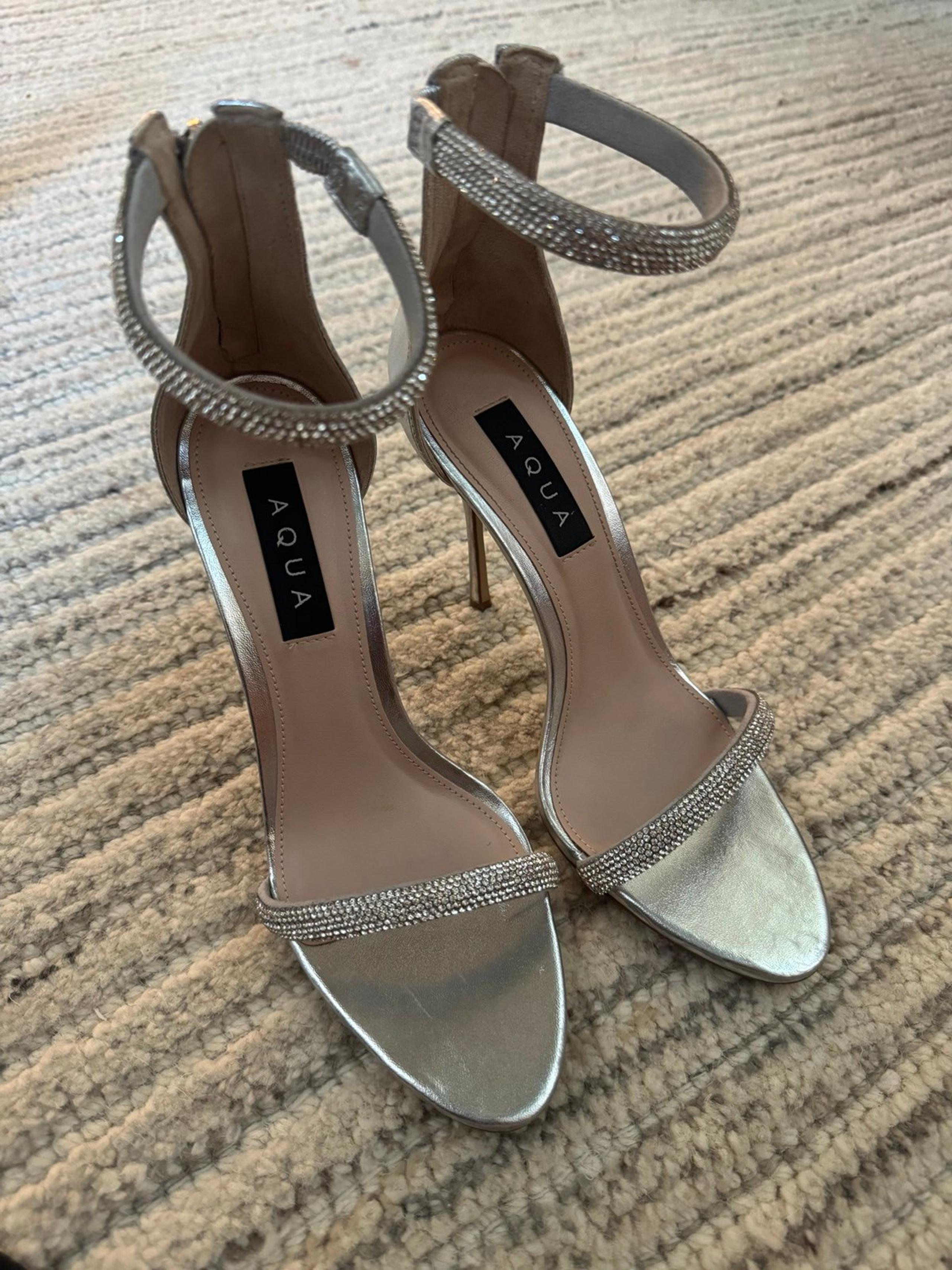 Aqua Rhinestone Ankle Strap Stiletto Heels - Metallic Silver