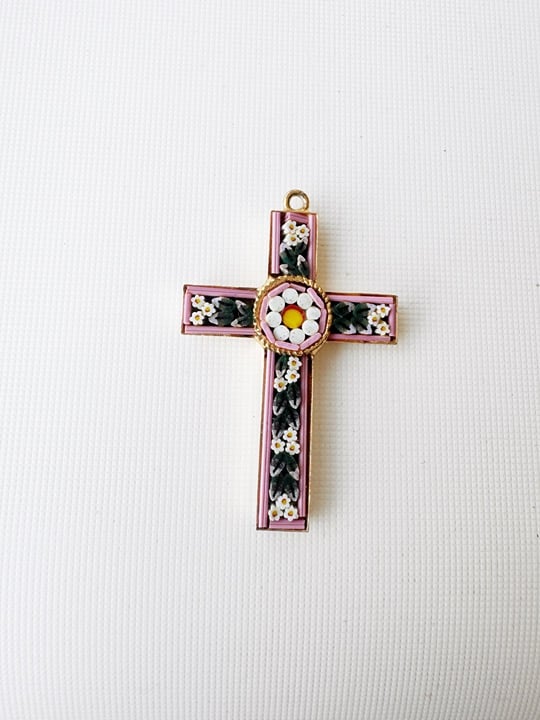 vintage jewelry Italian gold-plated micro-mosaic religious cross pendant