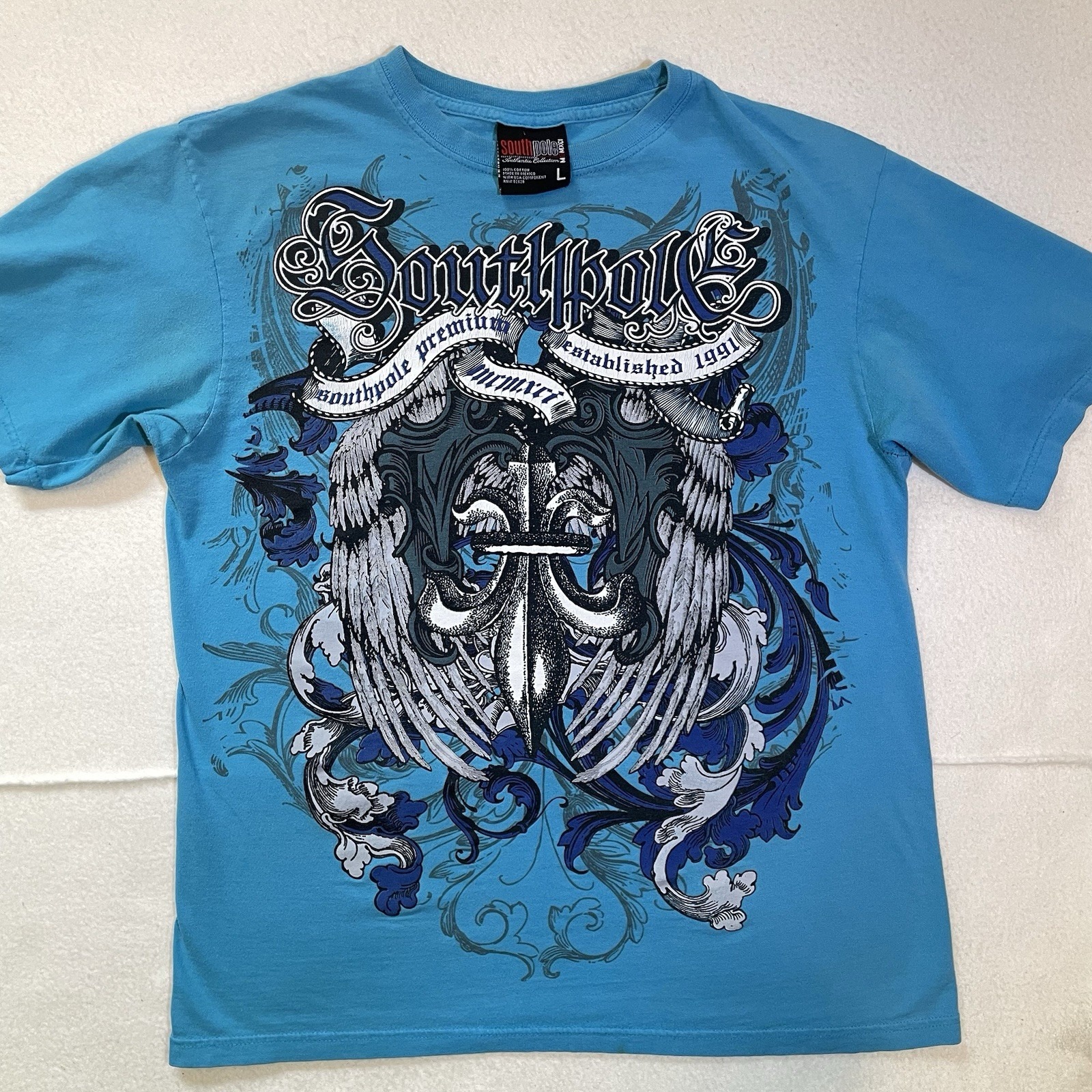 Vintage Southpole Shirt Blue Y2K Wings Embellished Grunge Skater Mens Size Large