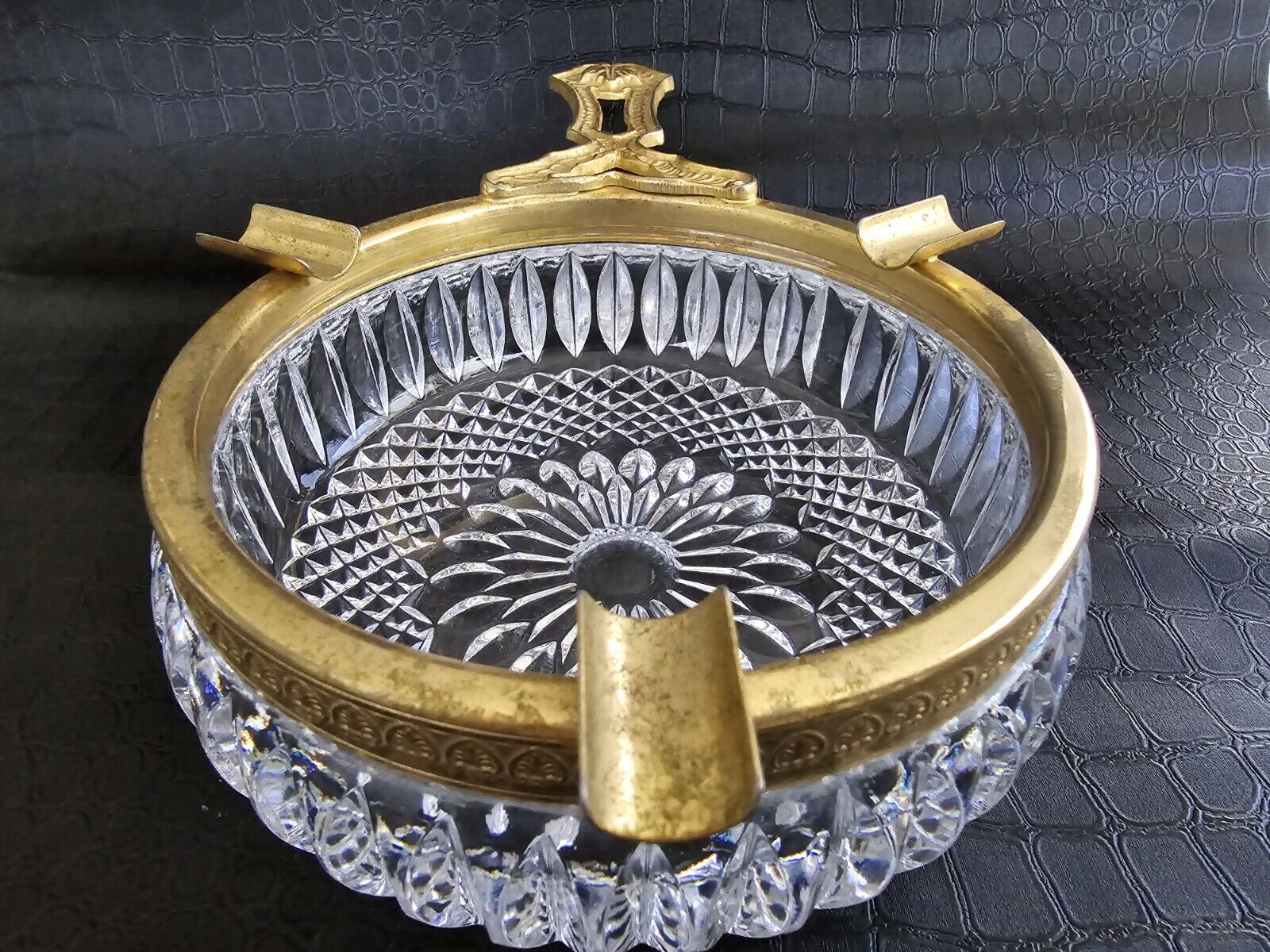 Antique Lead Crystal & Brass Ashtray With Handle 3 Rests