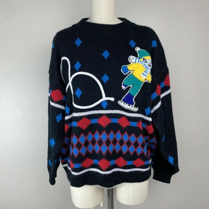 Vintage 1980s Ice Skater Slouchy Sweater, Cherry Stix Ltd Size Medium, Black