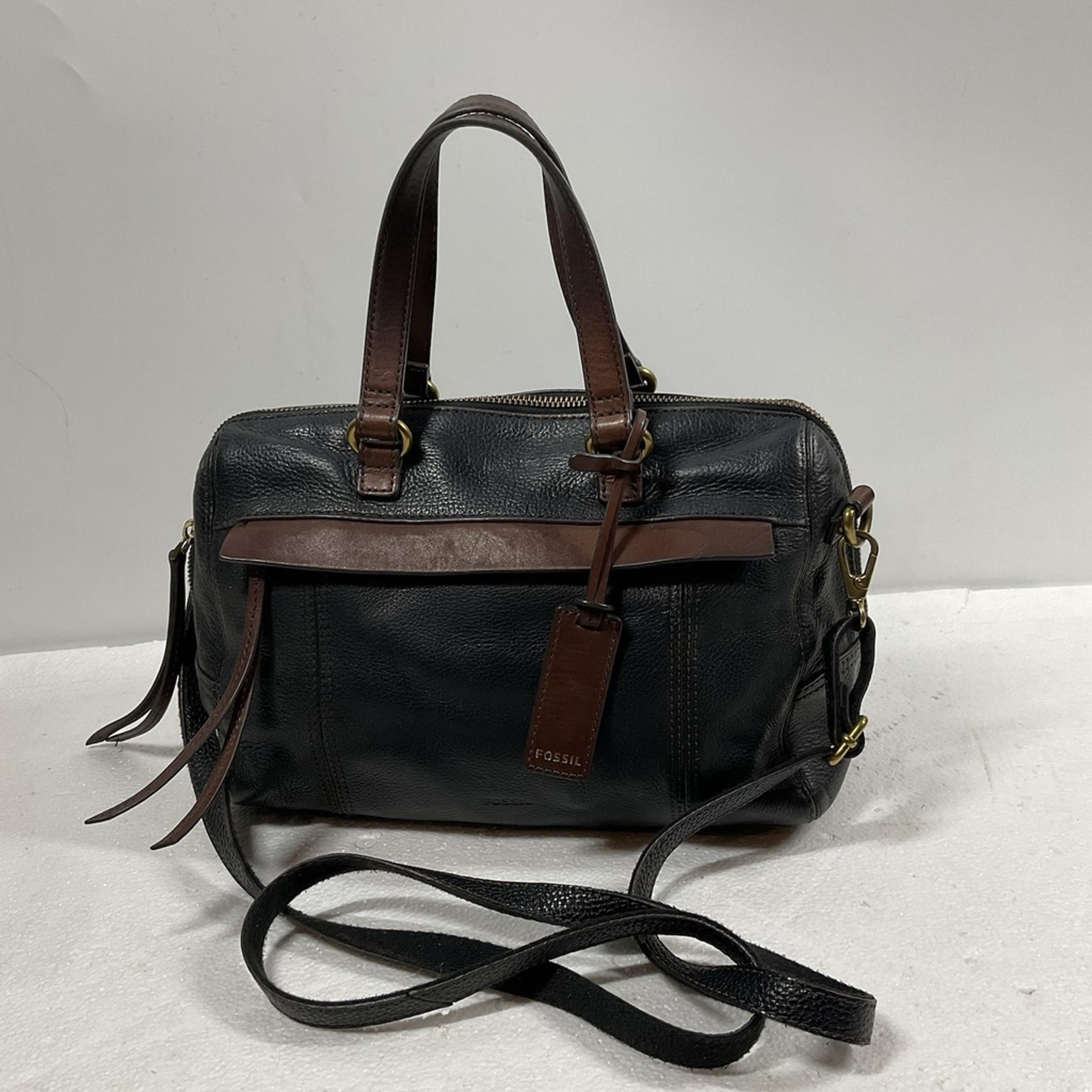 Fossil Black Pebble Grain Leather Satchel Crossbody Handbag Handles Adj Strap