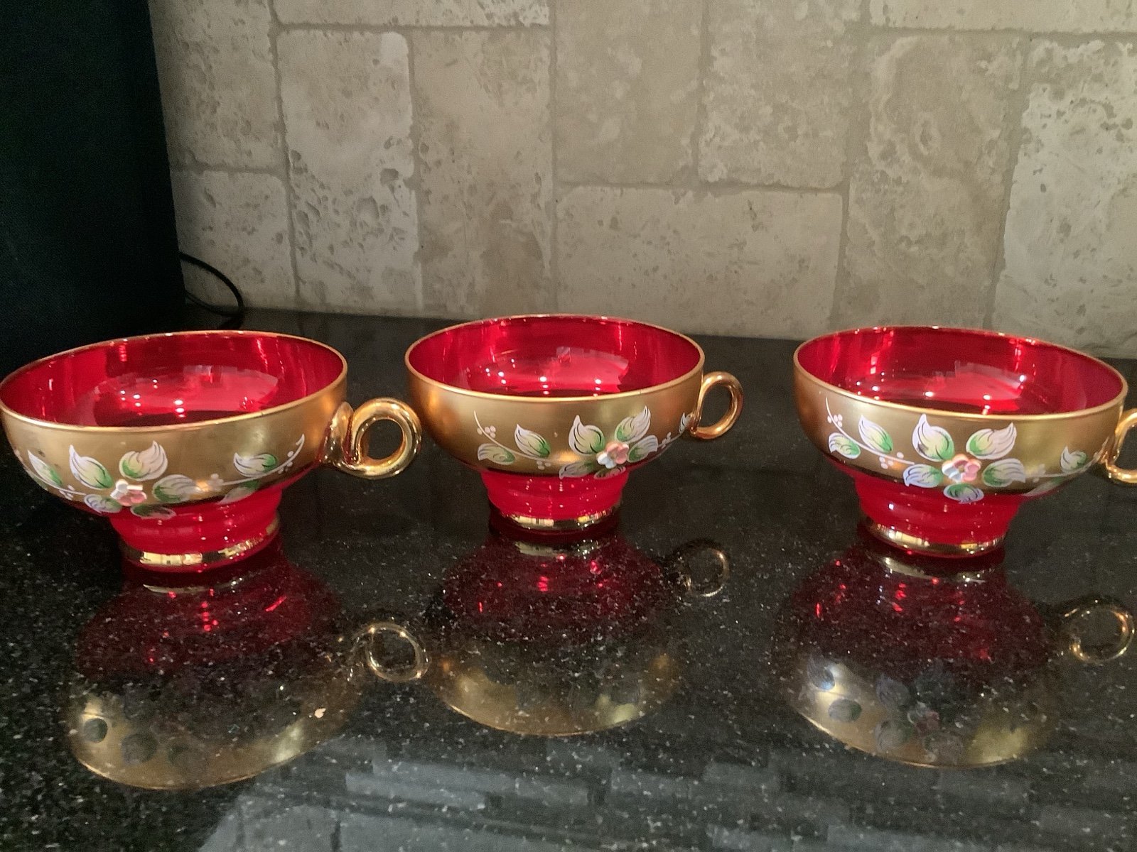 Stunning (Murano?) and RARE Trefuochi aka The Three Flames Red 3 Tea Cups
