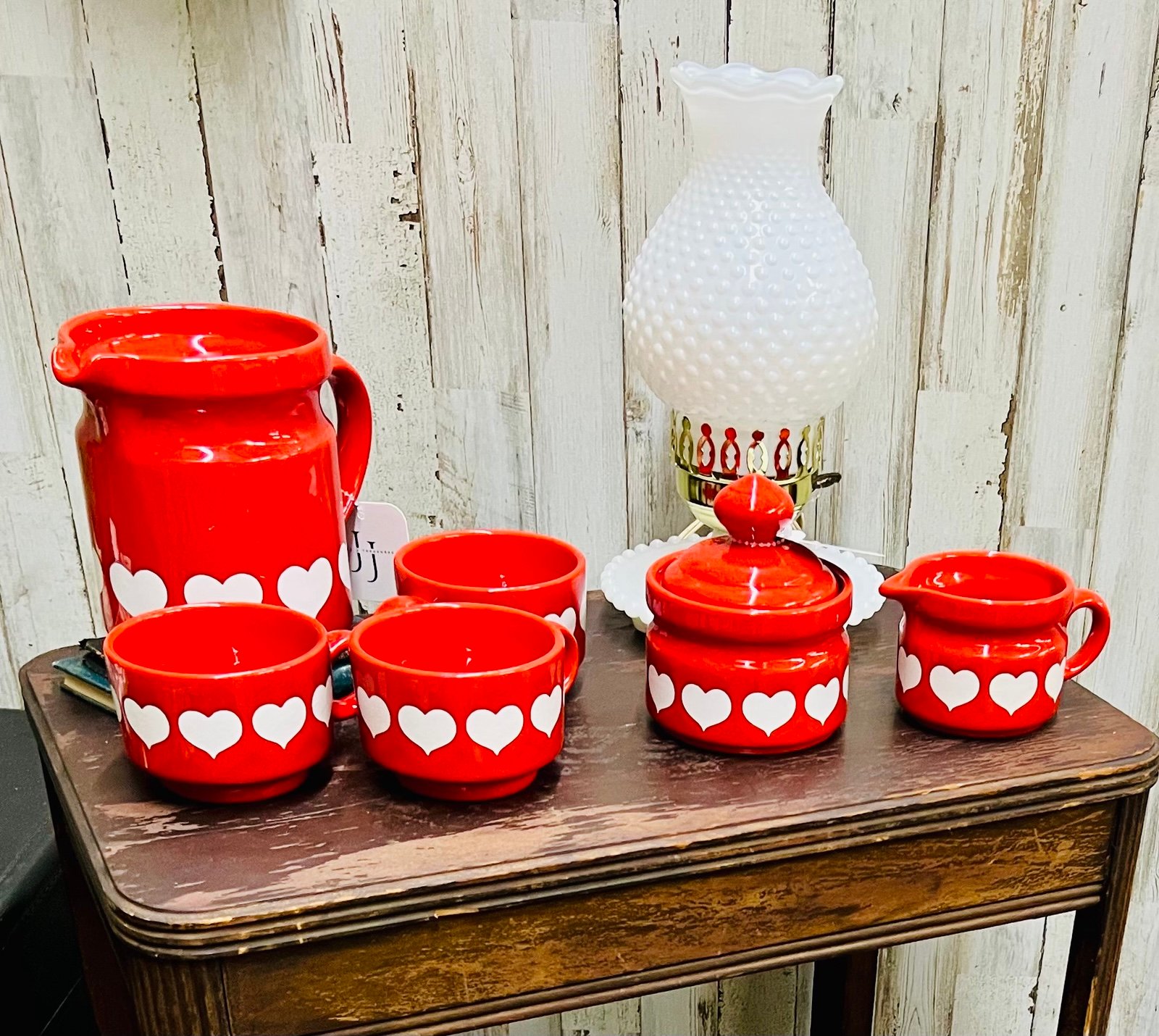 Red Waechtersbach Pitcher with 3 cups and creamer and sugar bowl