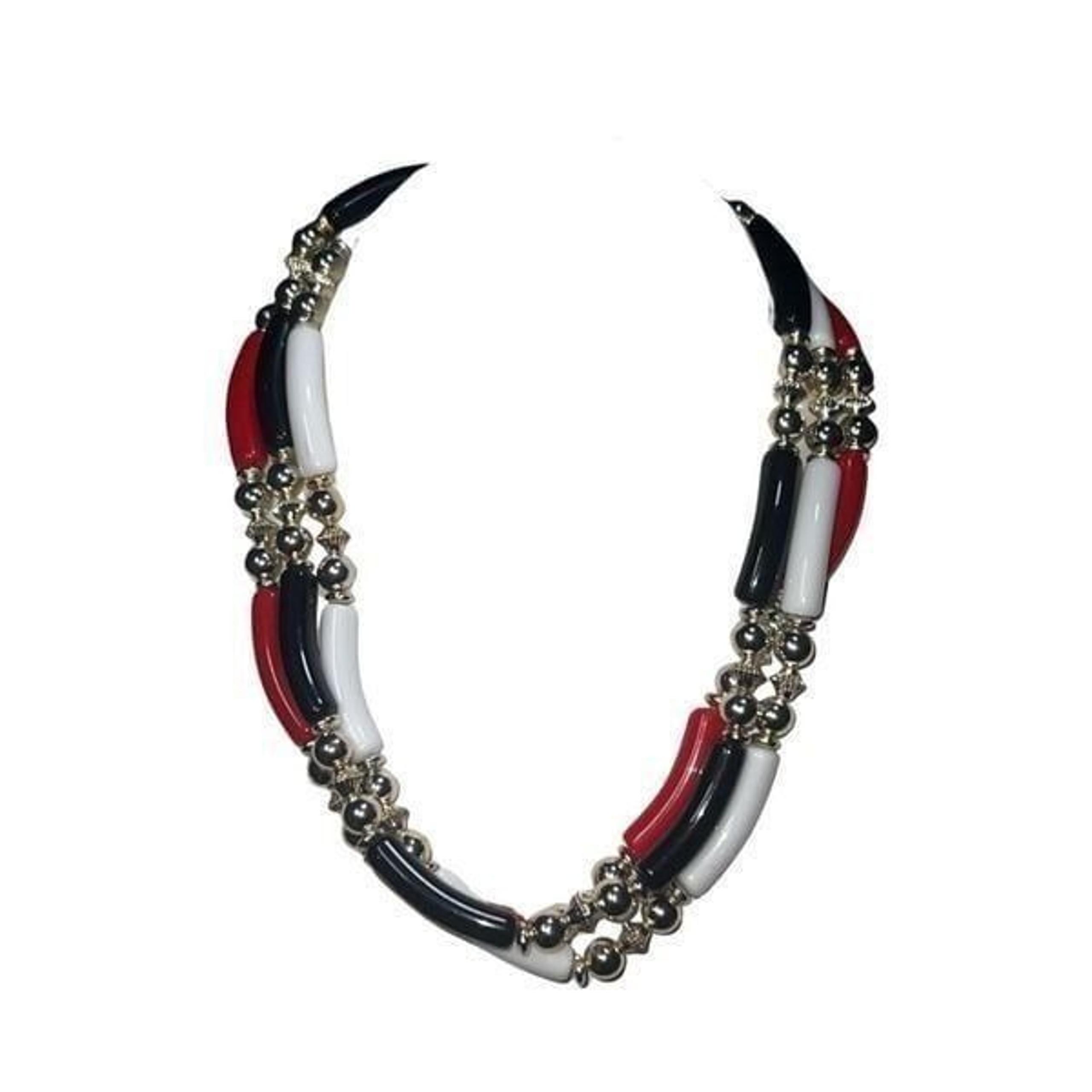 Red White Blue & Silver 3 Strand Vtg Designer Costume Jewelry Women’s Necklace