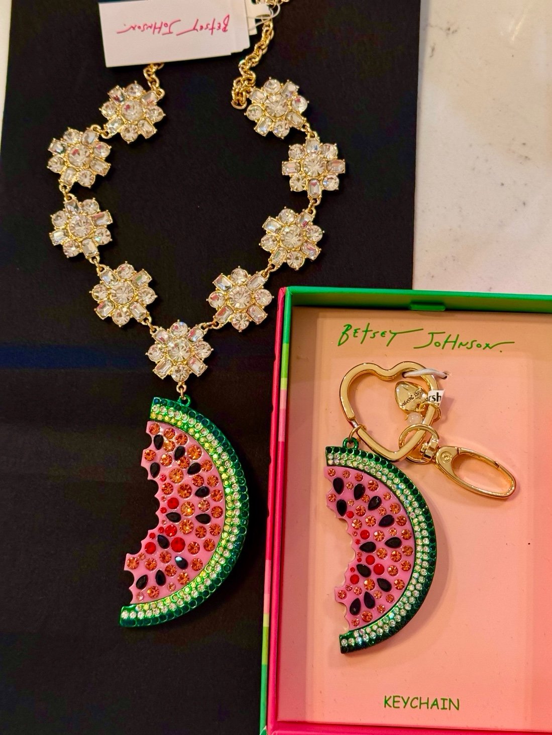 Betsey Johnson Faux Rhinestone Jeweled Watermelon Necklace & Matching Charm