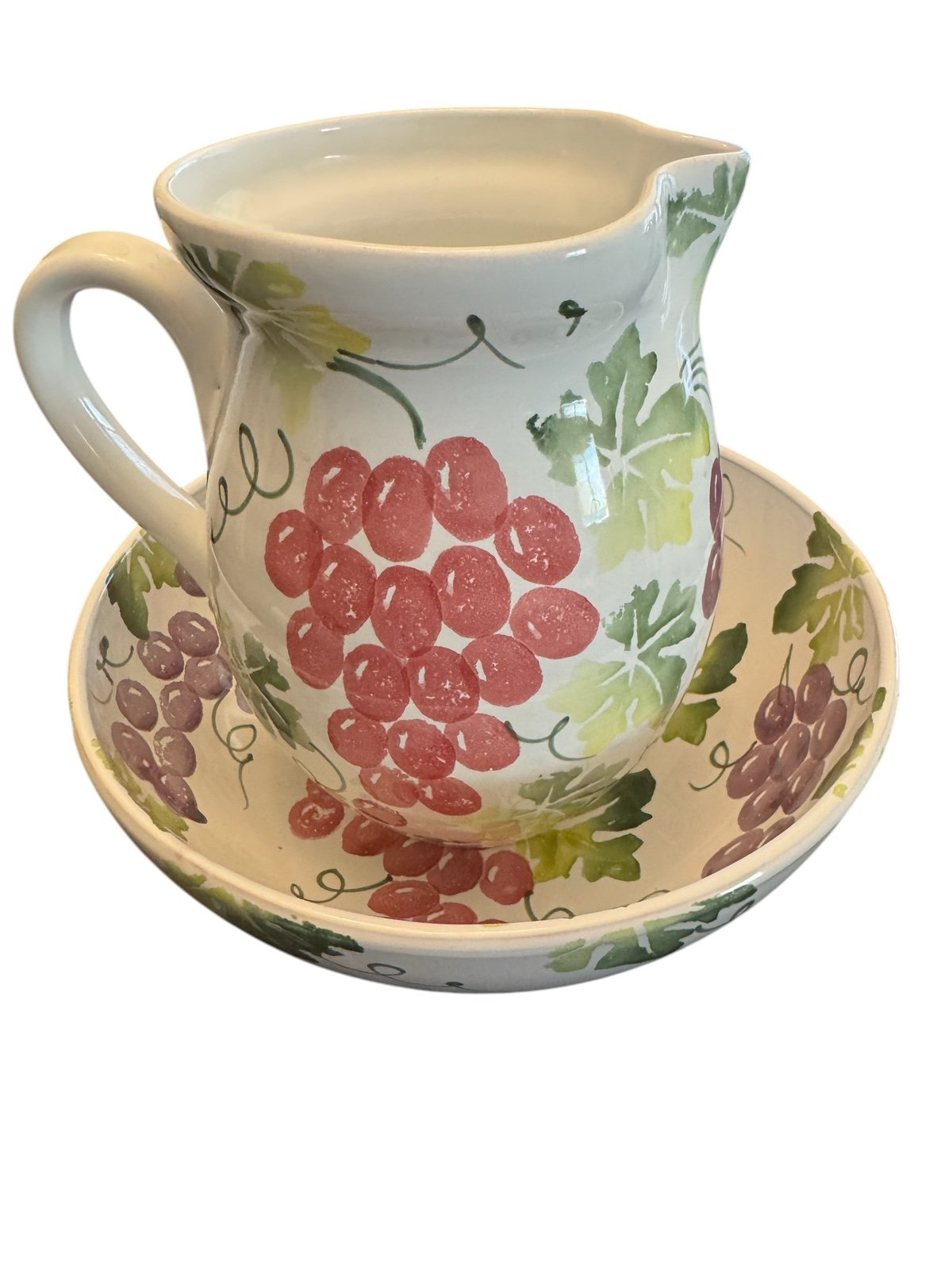 Pier 1 One Ceramic Pottery Beverage Pitcher & Basin Bowl Italy Grapes 10”W