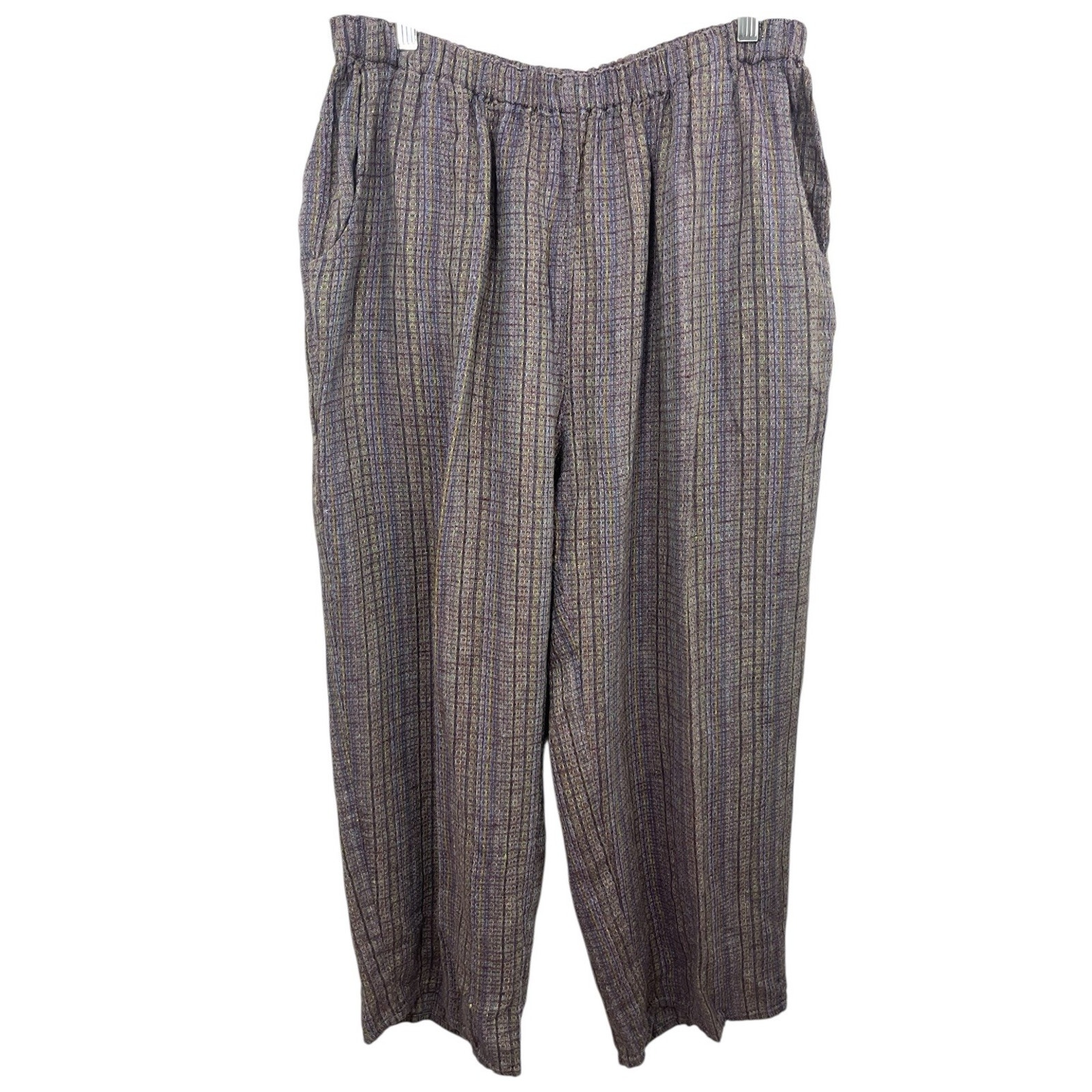 Flax Linen Wide Leg Pants Womens XL 1G Multicolor Pockets 18-20 Textured Boho