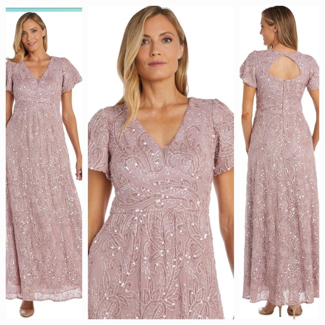 New R&M Richards Women's (8) Rose Embroidered & Sequin Flutter Sleeve Maxi Dress