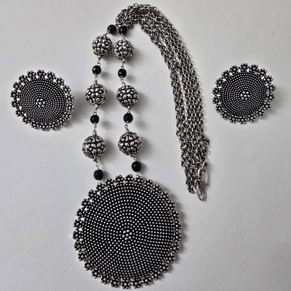 Silver Boho Onyx Earrings and Necklace