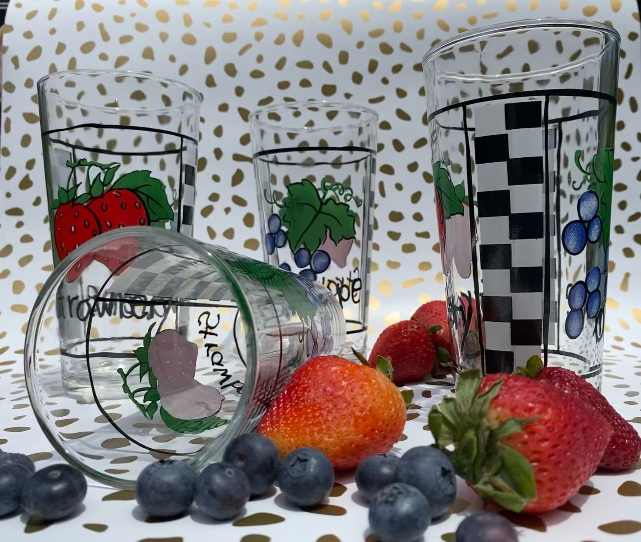 Vintage Strawberry and Grape Glasses, Tumblers KIG Checkerboard Design Set of 4