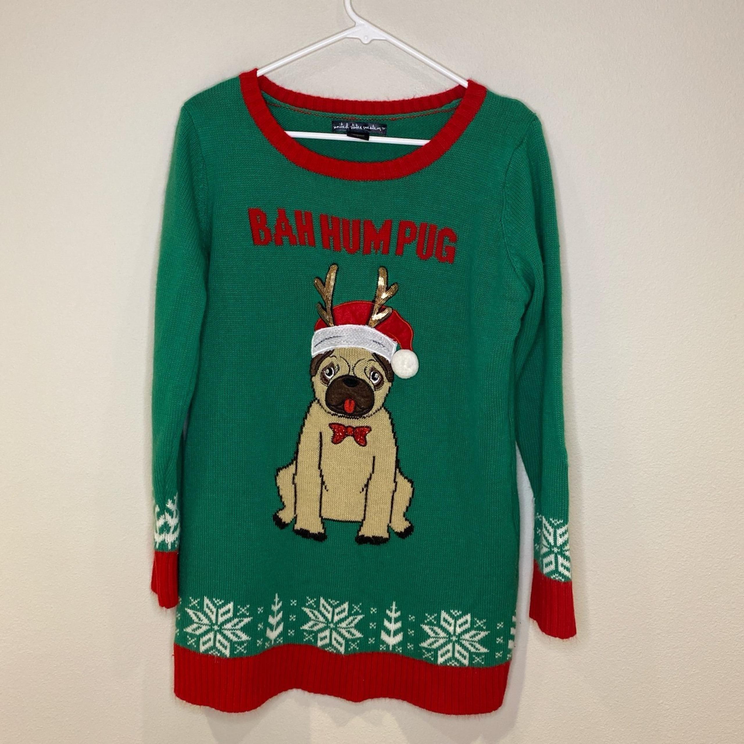 United States Sweaters Bah Hum Bug Dog Green Red Size L