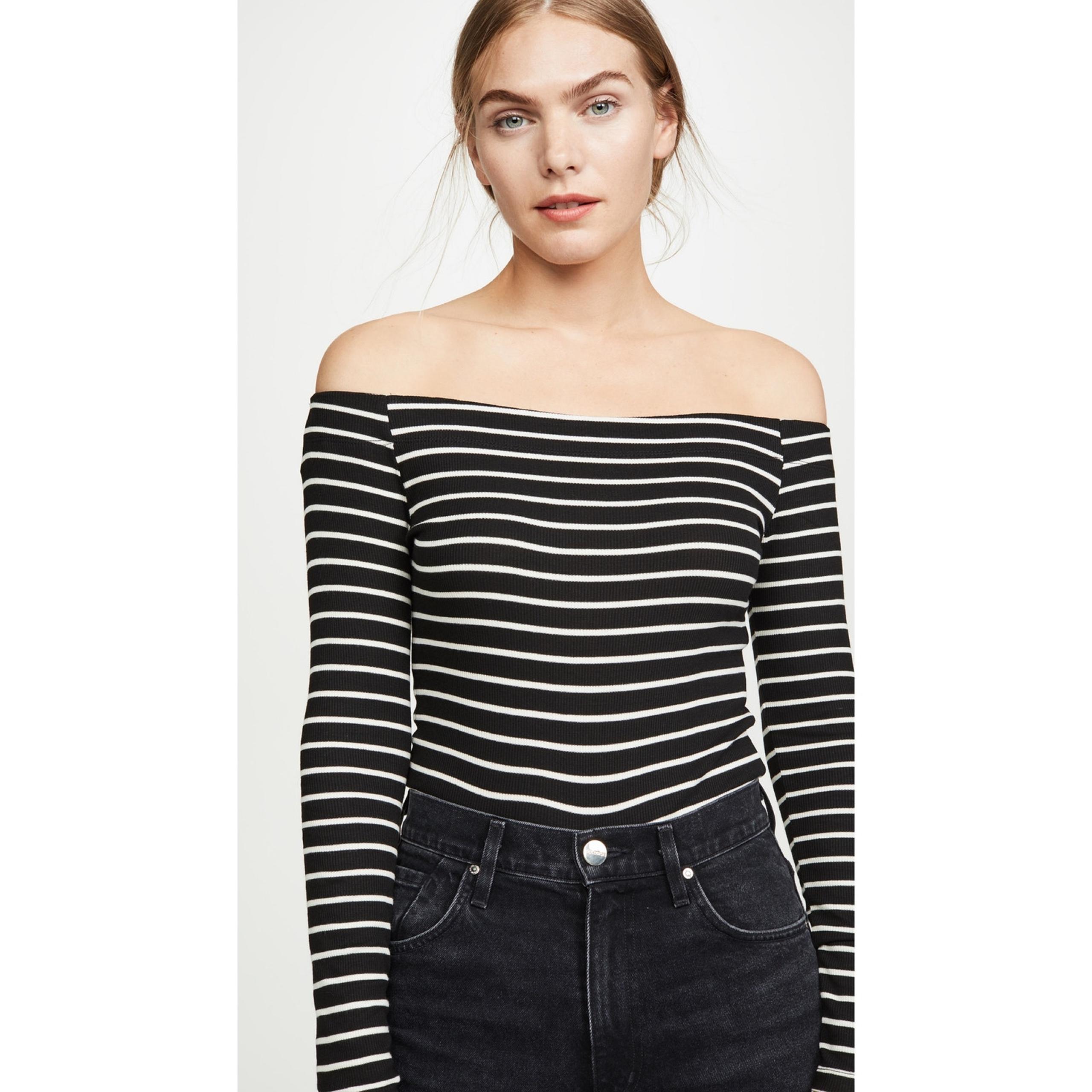 Z Supply The Stripe Shoulder Tee in Natural/Black Size L