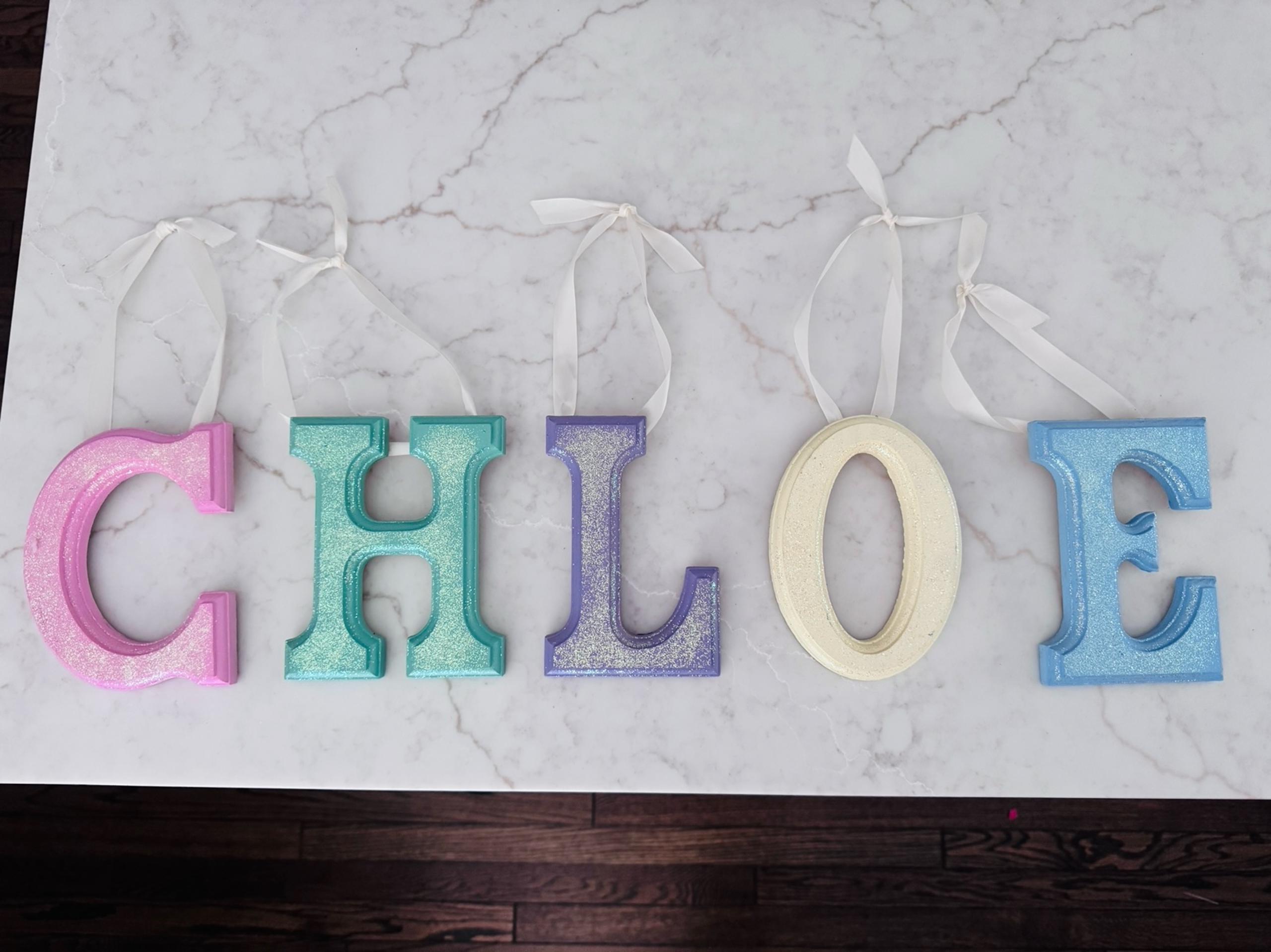 Colorful “CHLOE” Wooden Glitter Hanging Name Letters