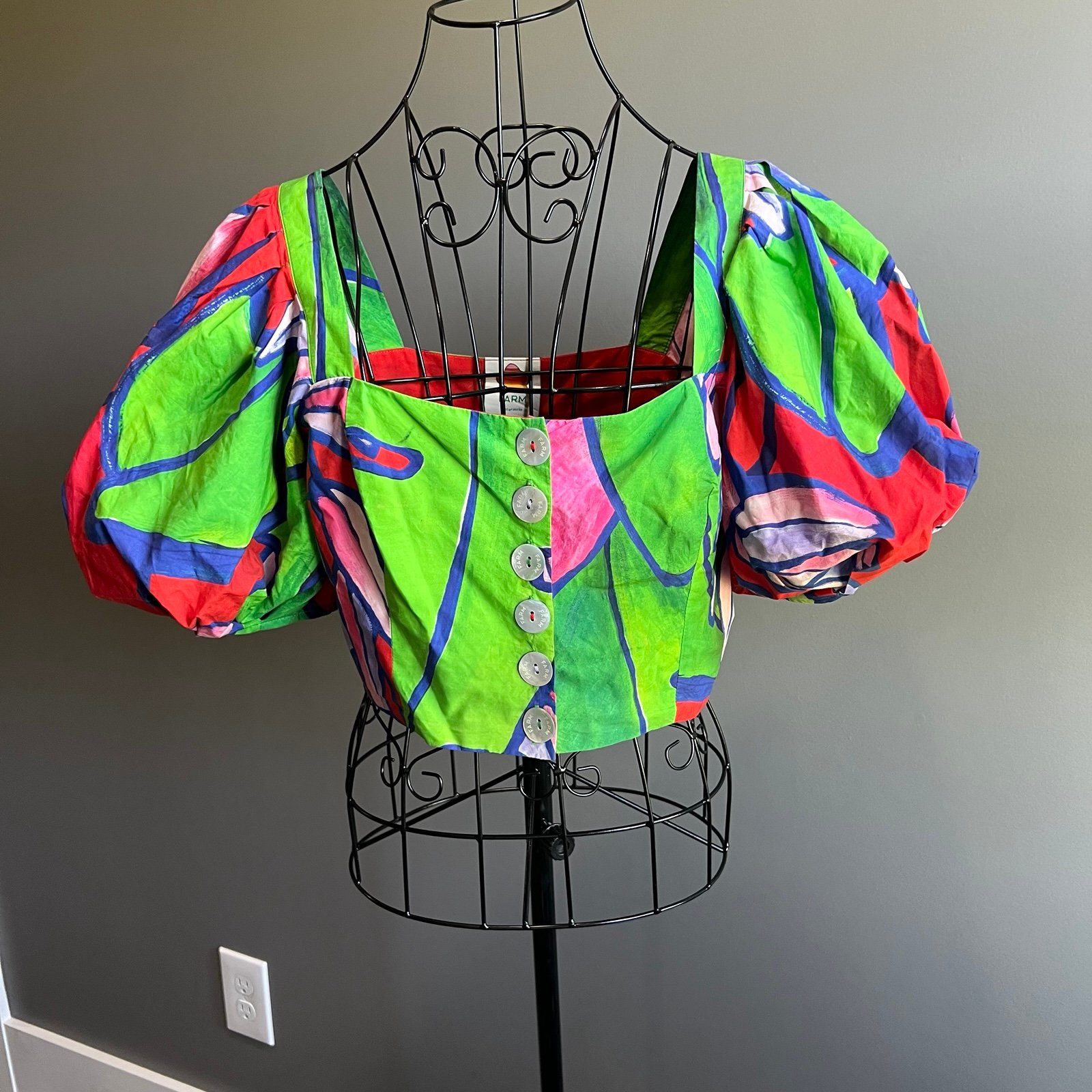FARM Rio Bright Puff Sleeve Cropped Top