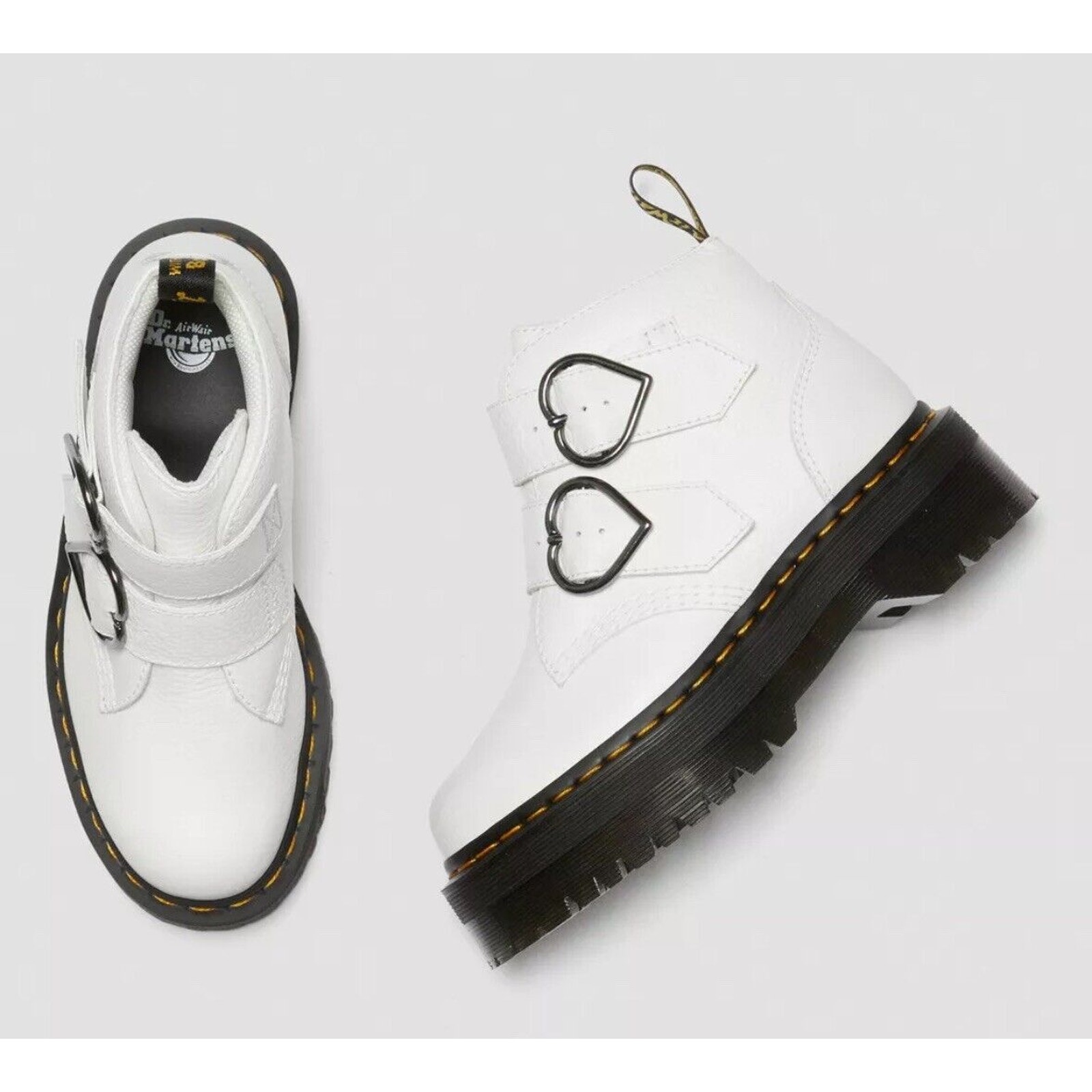 Dr. Martens Women's Devon Hearts White Leather PLATFORM Boots US 5 Buckle SlipOn