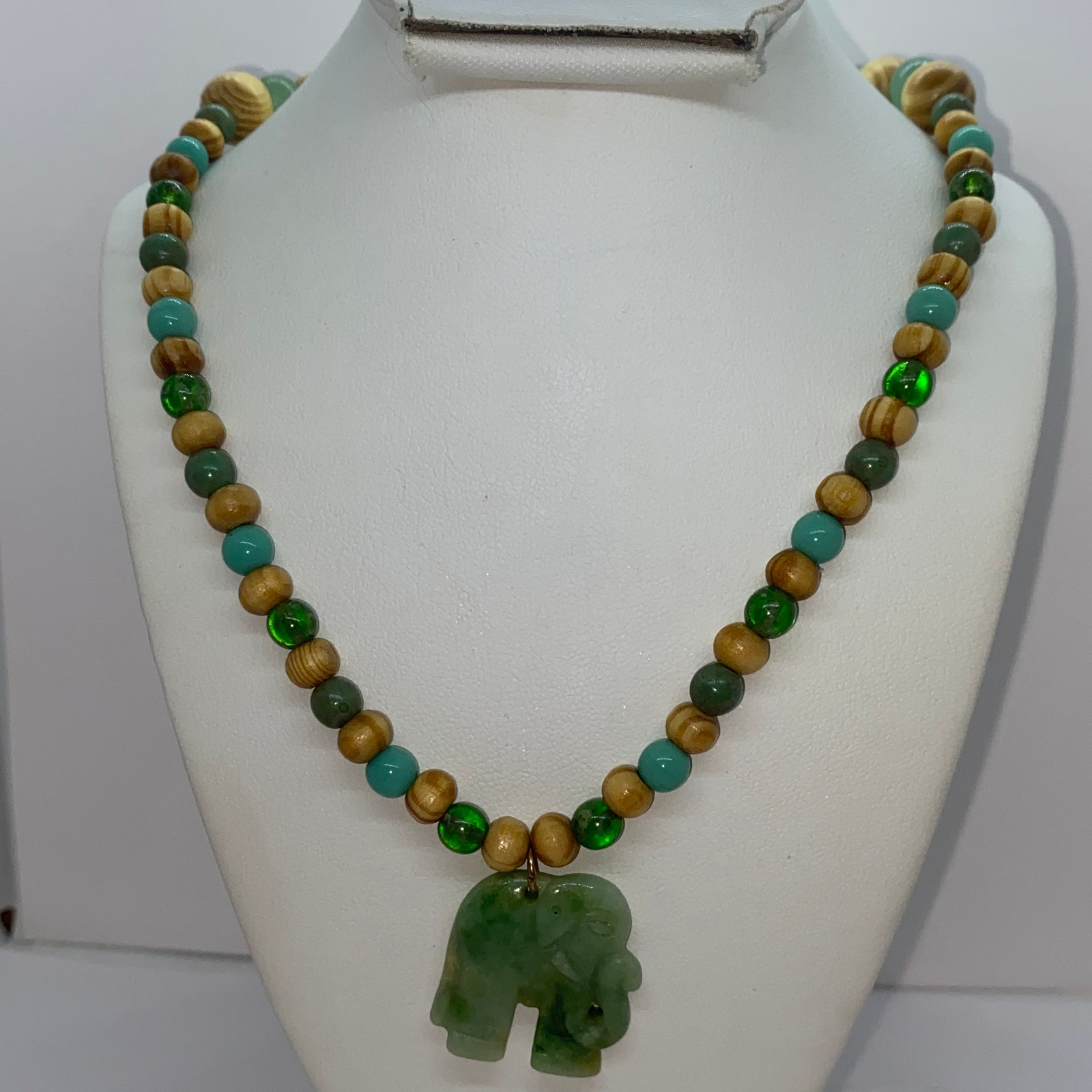 Handmade Beaded Green Brown Wood Elephant Necklace