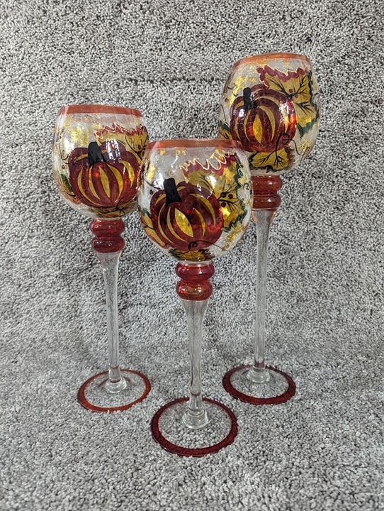 3 Hand Painted Autumn Goblets Candle Holder Poinsettia Crackled Glass