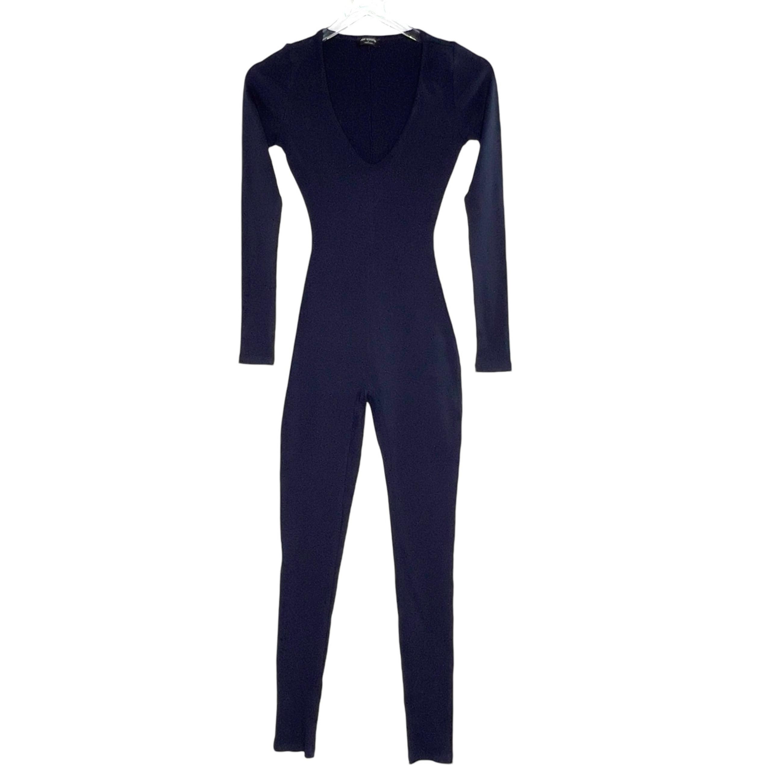 Naked Wardrobe S Womens Long Sleeve Ribbed Jumpsuit Bodysuit V Neck Navy