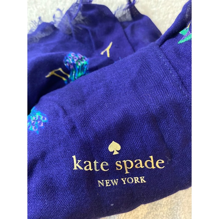 Kate Spade Scarf Blue Peacock Viscose Shawl Fringe Gold Logo Versatile 80x30