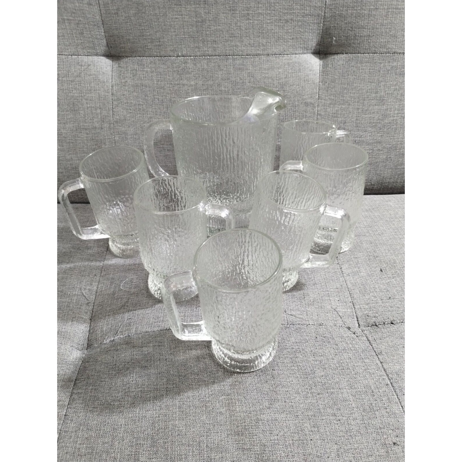 Indiana Glass Crystal Ice Pitcher & 6 Mugs Wavy Glas Serve Beer Lemonade Ice Tea