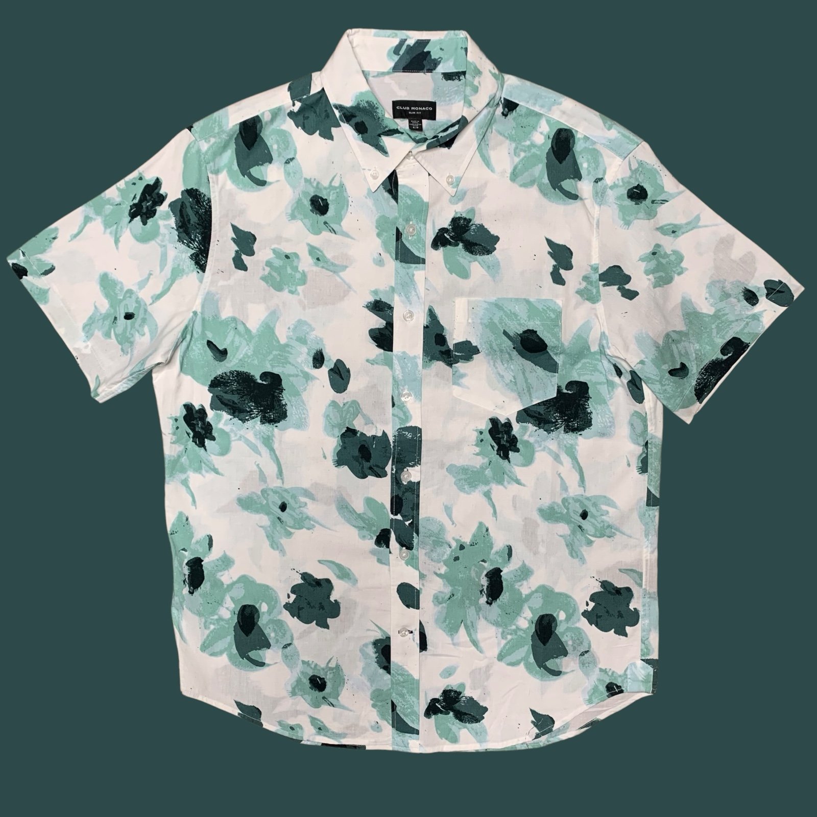 Club Monaco Slim Floral Short Sleeve Collared Shirt White Multi Size S