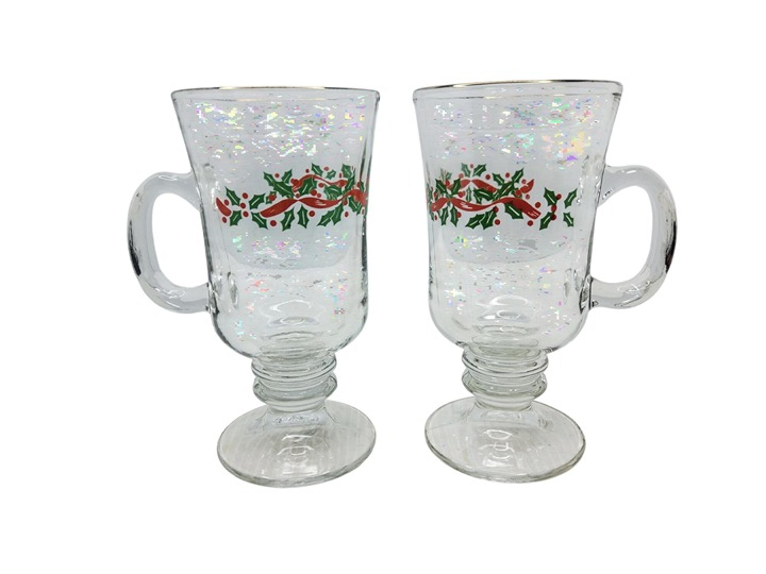 Vintage Libbey Clear Glass Irish Coffee Mugs With Gold Rim & Holly Berry Design