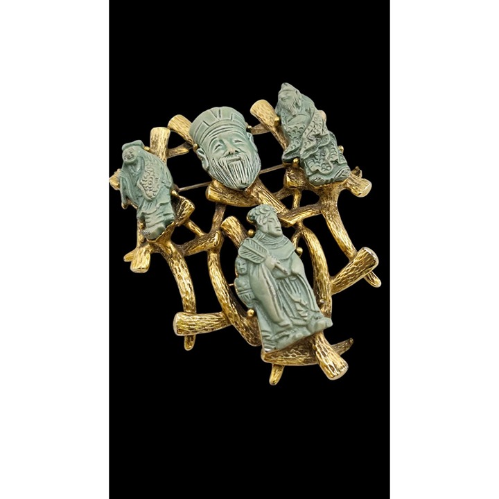 Hard To Find Pale Green Colco Asian Gods Of Fortune Polymer Resin Brooch (A4750)