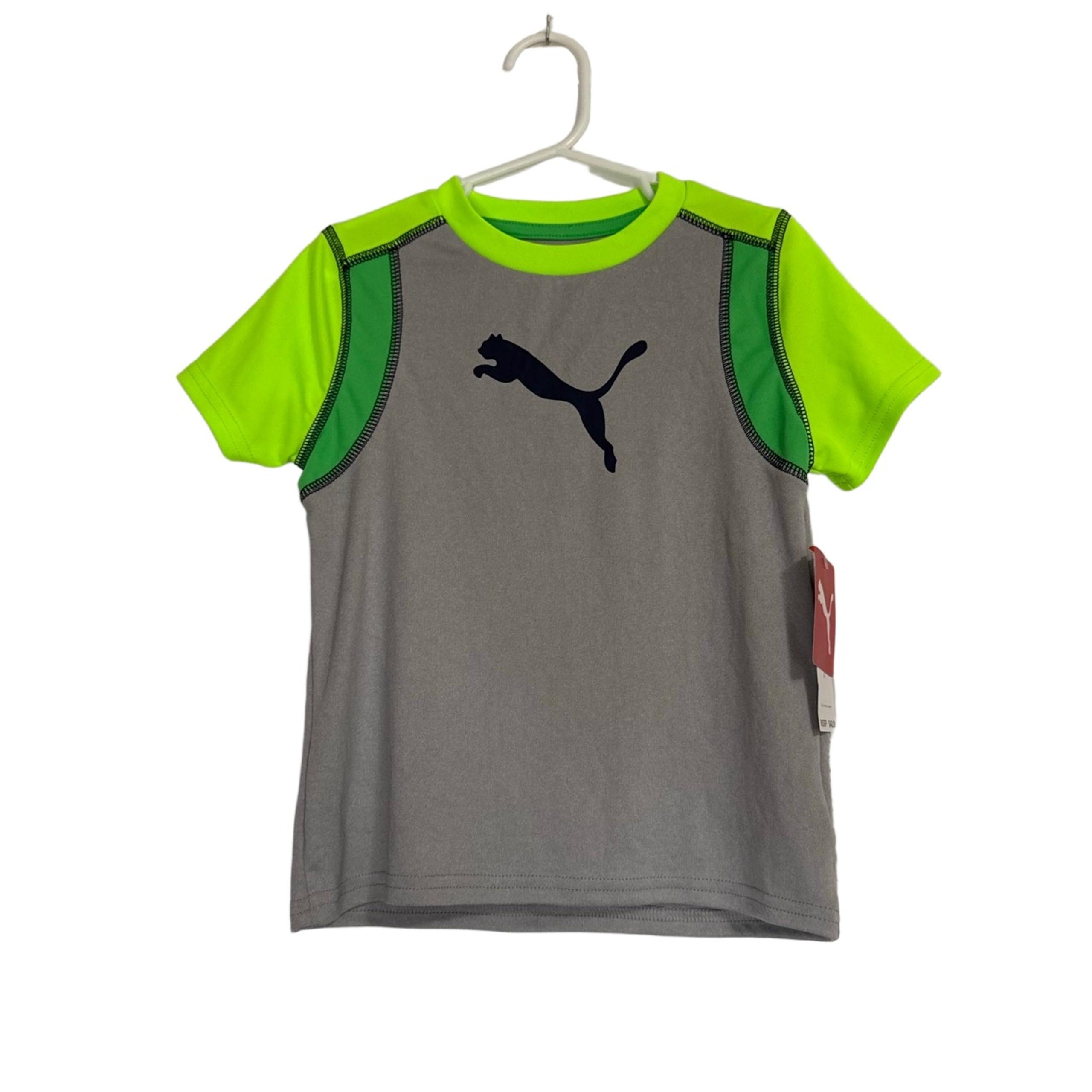 NWT Puma TShirt Unisex US 4 Grey Neon Green Toddler ShortSleeve Athletic Logo