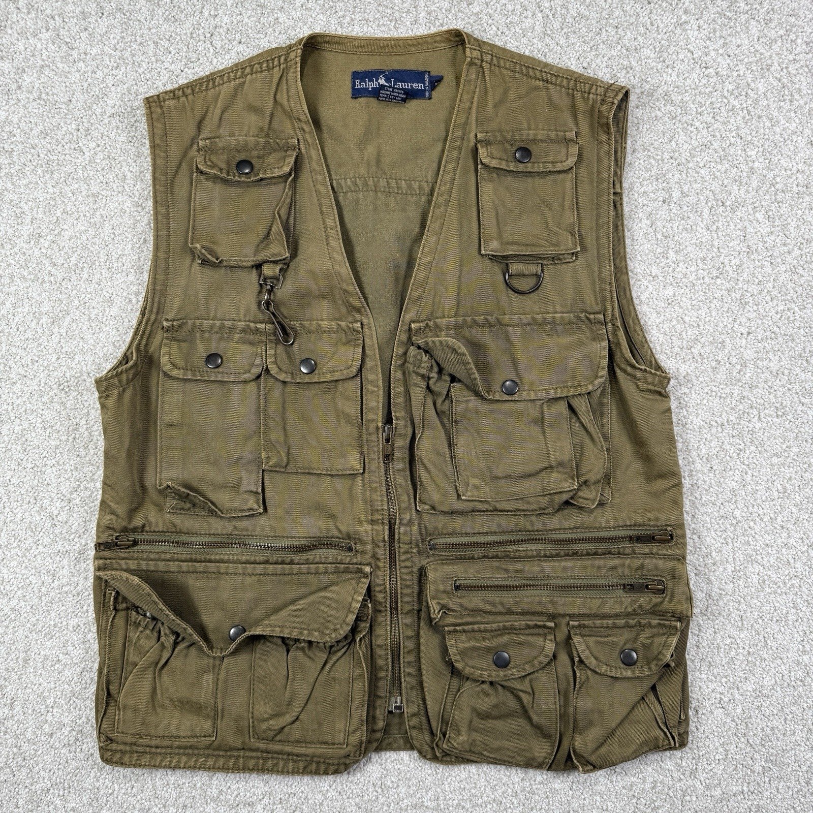 Vintage Polo Ralph Lauren Green Duck Multi Pocket Cargo Fly Fishing Vest Small