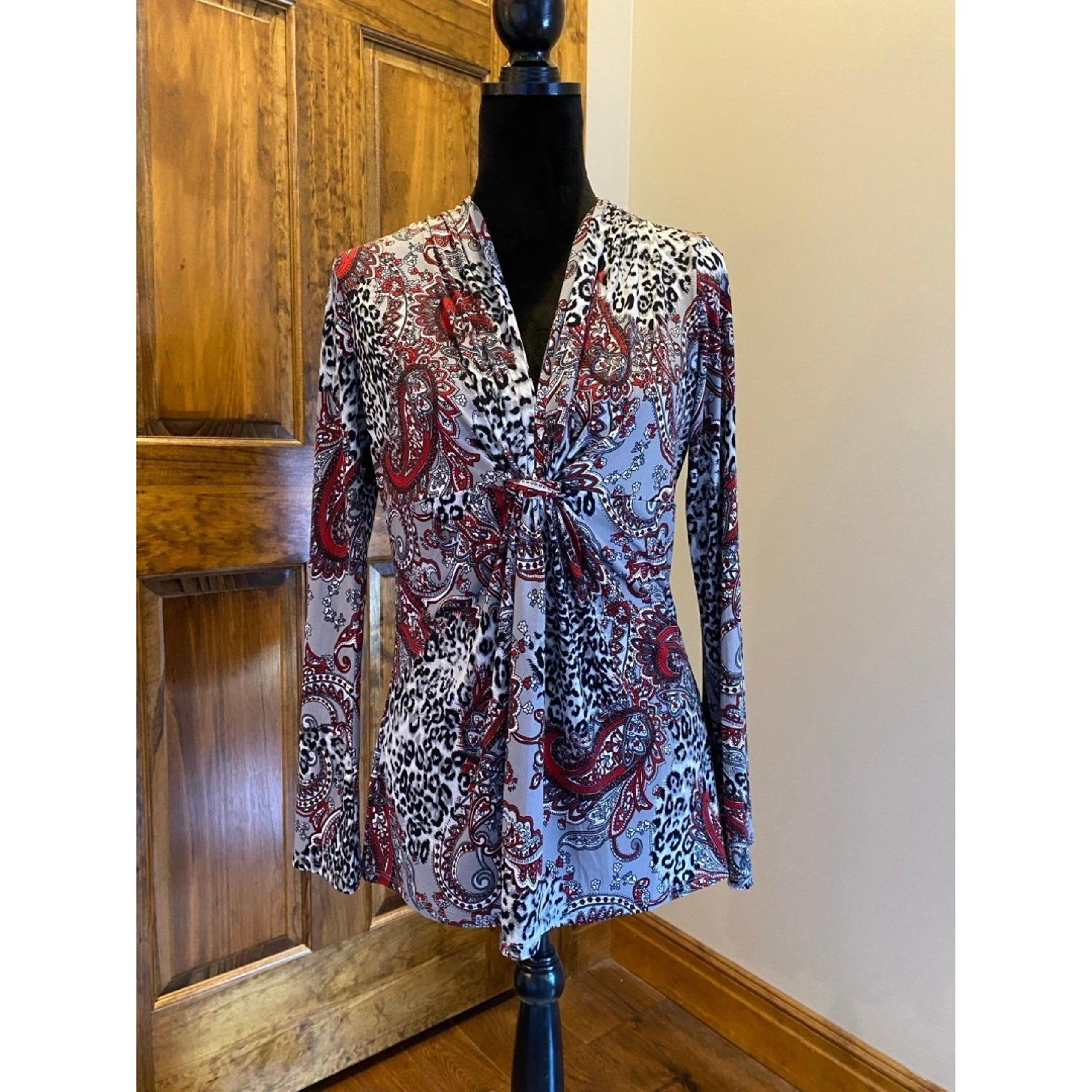 Bisou  Bisou Womens Large Paisley Stretchy Black Red Bell Sleeve Boho Blouse Top