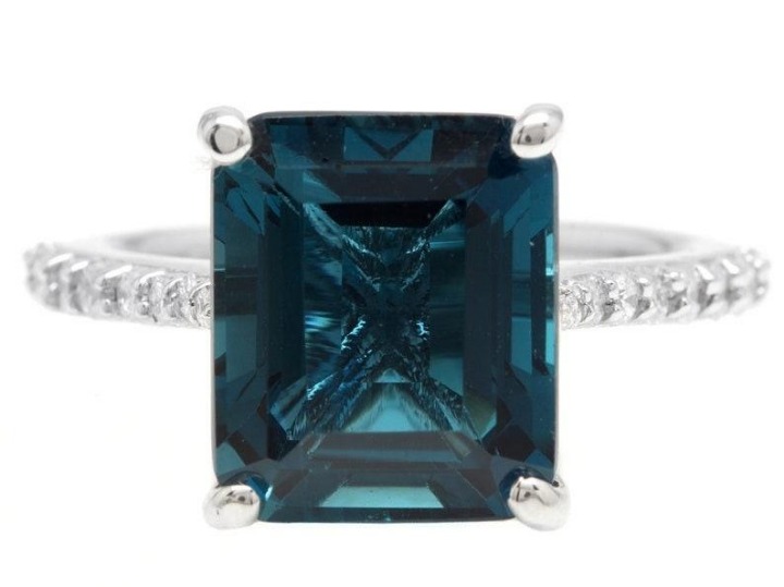 8.85Ct Natural Emerald Cut London Blue Topaz & Diamond Solitaire Ring 14k White