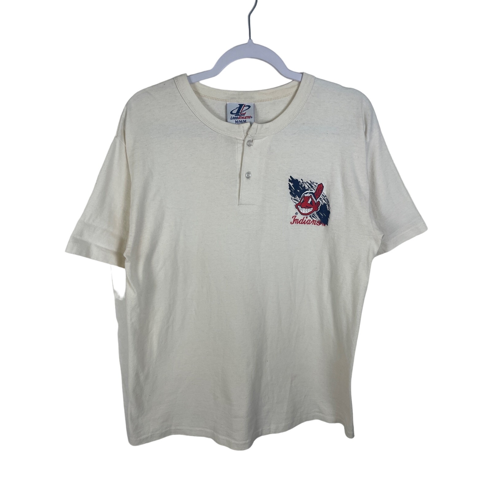 Cleveland Indians Logo Athletic Chief Wahoo Ivory Short Sleeved Henley Shirt M
