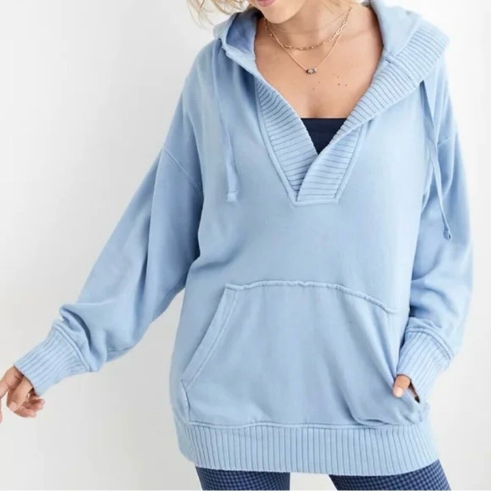 Aerie Down To Earth Blue Henley Ribbed Oversized Sweatshirt Hoodie Small