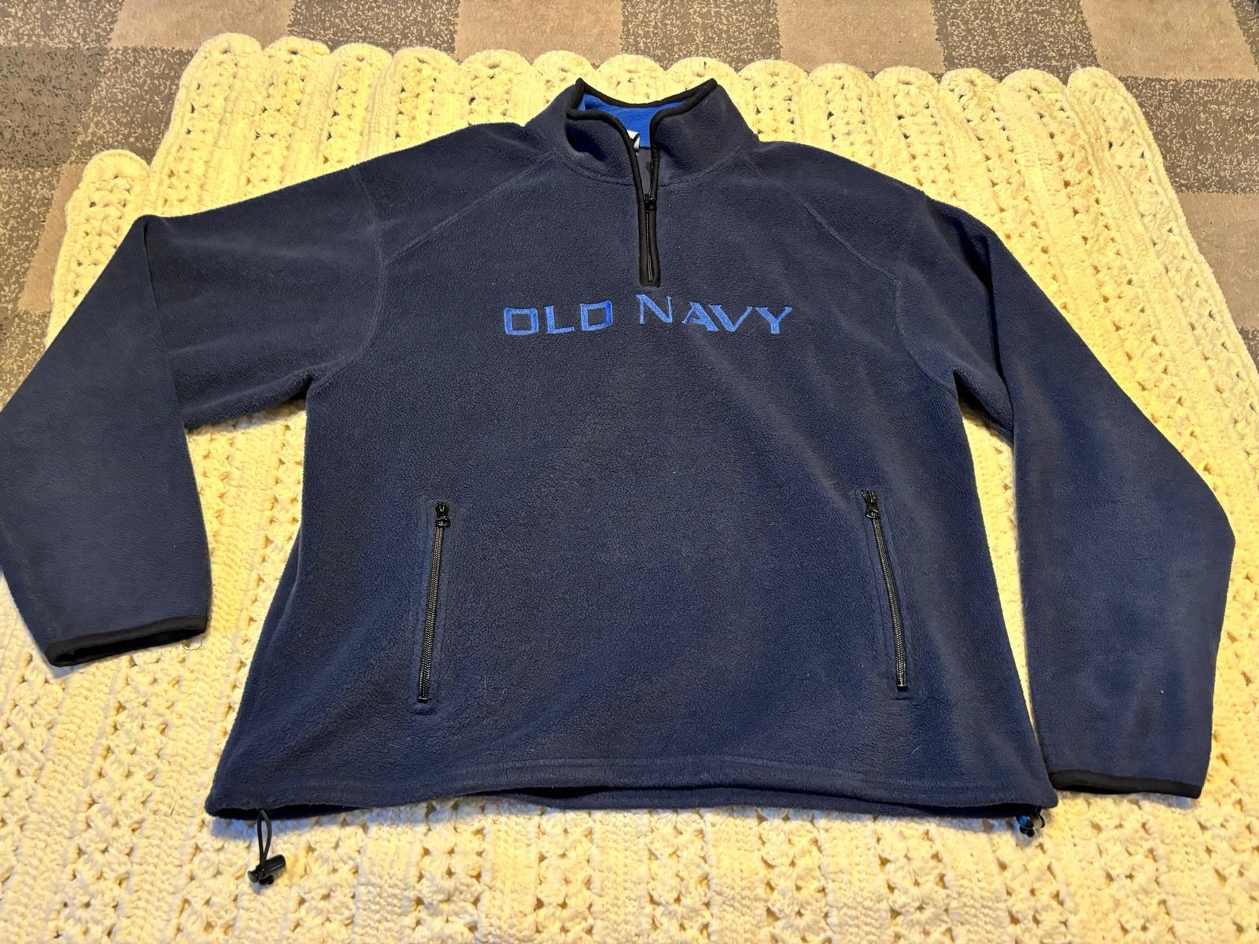Vintage Y2K Old Navy Men’s Fleece Pullover Sweater Blue XL Embroidered