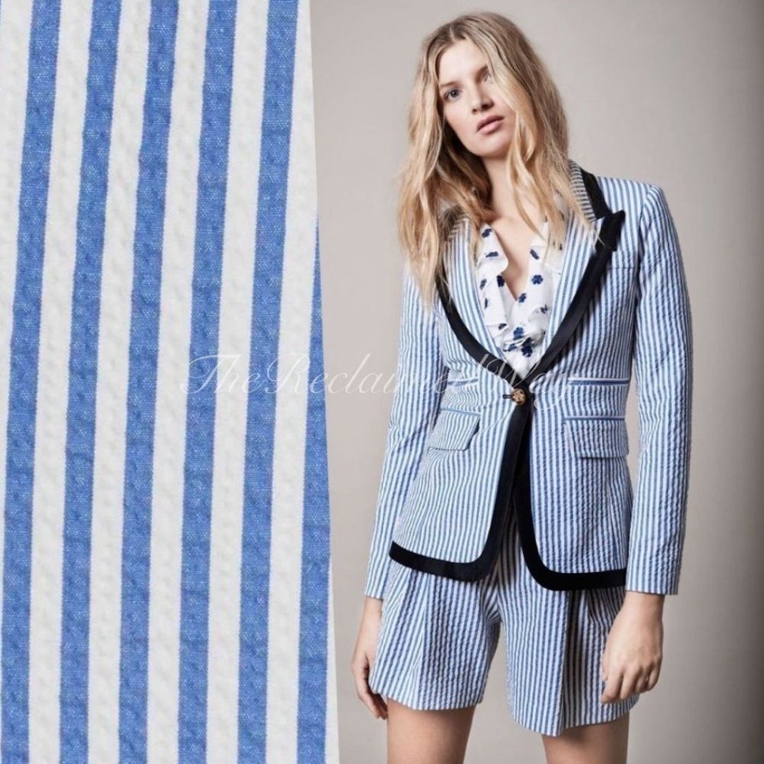 Smythe Taped Peaked Lapel Blazer Jacket Striped Seersucker Blue White Tailored