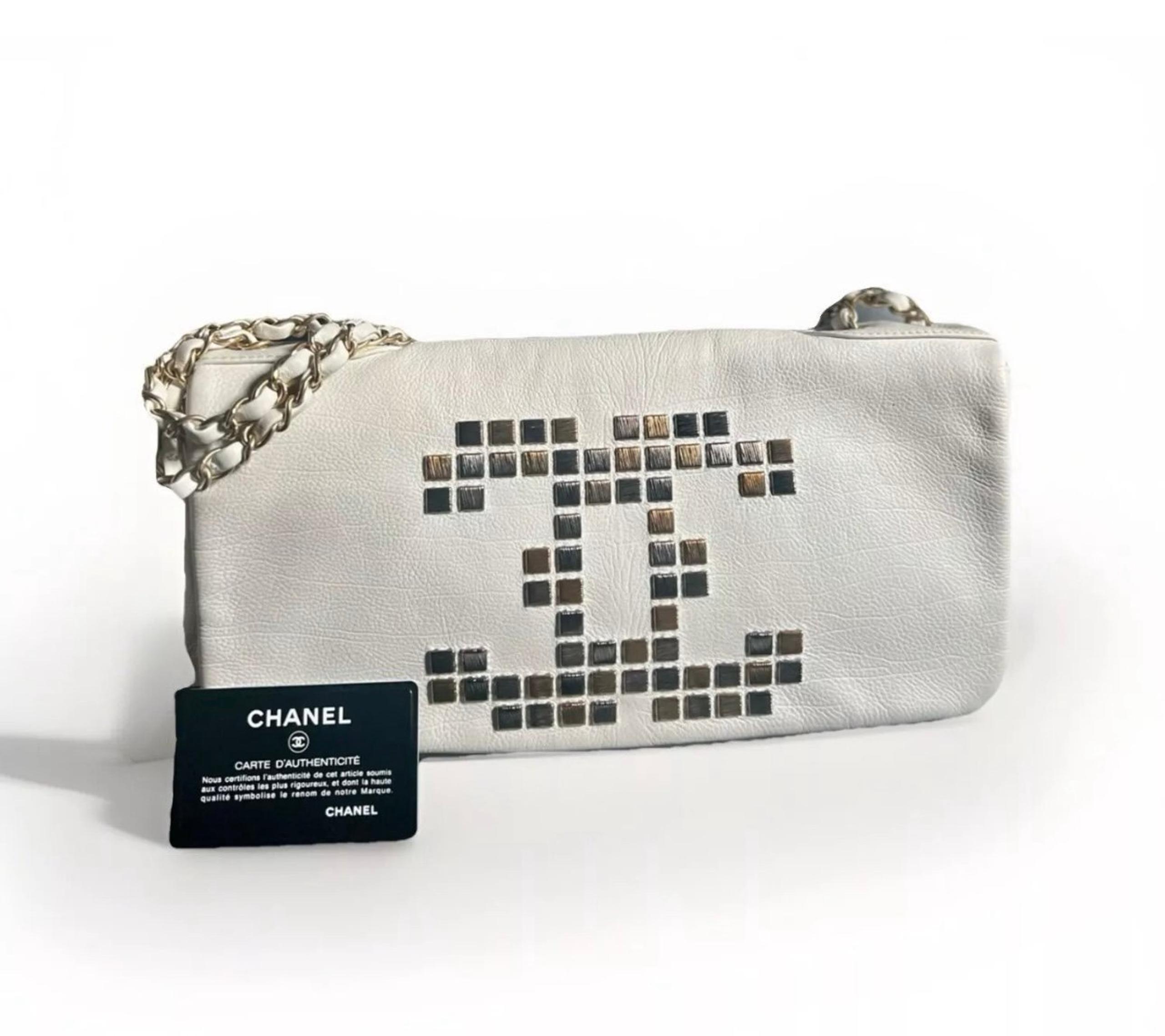 Authentic Chanel White Mosaic CC Calfskin Leather Maxi Adjustable Crossbody Bag