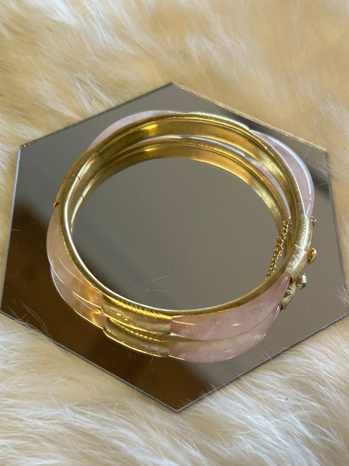 Vintage 14k Gold Plate and Rose Quartz hinged Bangle