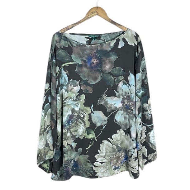 Lauren Ralph Lauren Floral Neutral Scoop Neck Long Sleeve Split Hem Blouse Silk