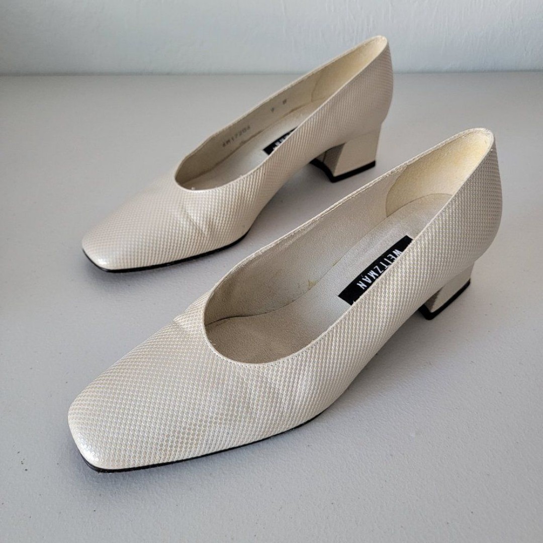 Stuart Weitzman Pumps Leather Square Toe Blocked Heels Bone White Size 9