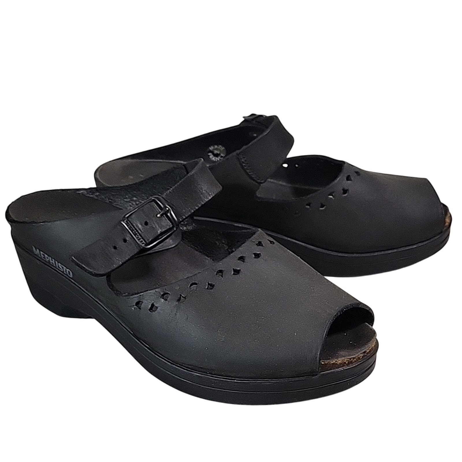 Mephisto Black Leather Slip On Mary Jane Clogs Peep Toe Womens Size 8